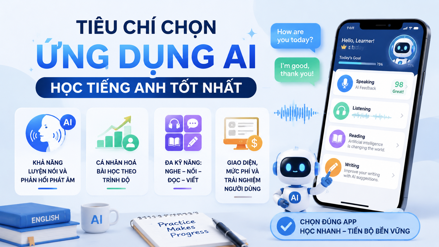 Tiêu chí chọn ứng dụng AI học tiếng Anh tốt nhất - ứng dụng AI học tiếng Anh