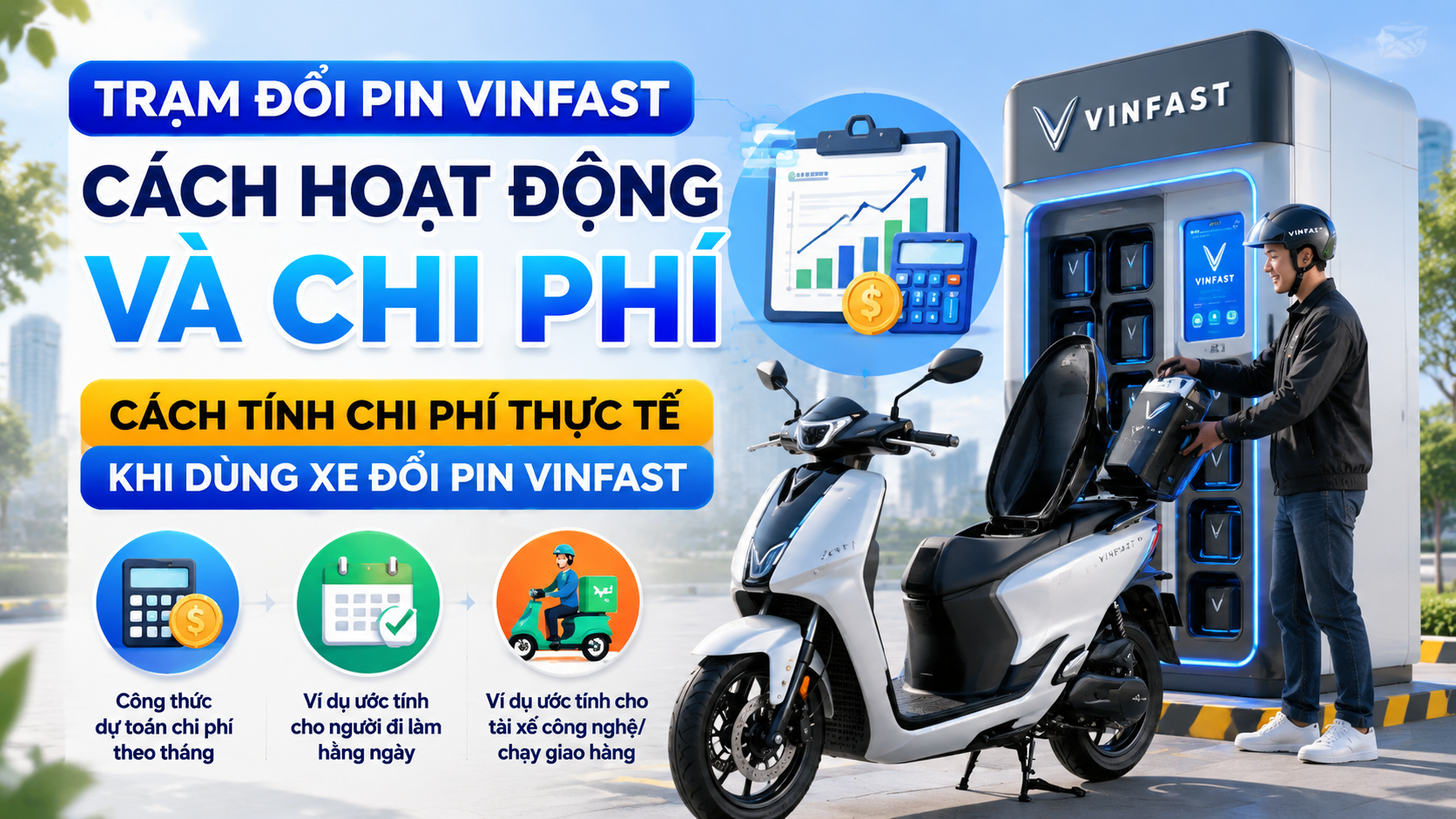 Cách tính chi phí thực tế khi dùng xe đổi pin VinFast - trạm đổi pin VinFast