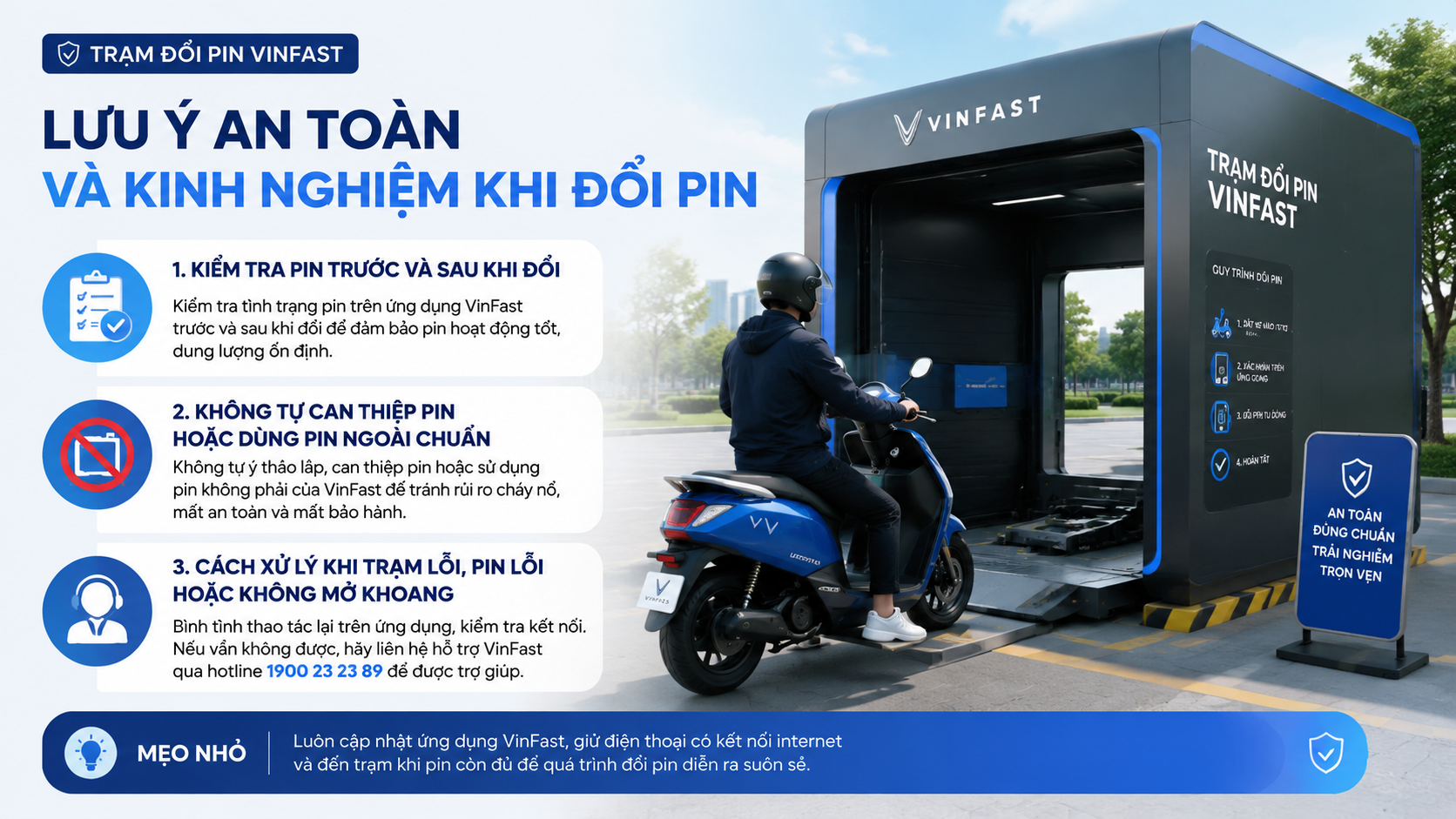 Lưu ý an toàn và kinh nghiệm khi đổi pin - trạm đổi pin VinFast