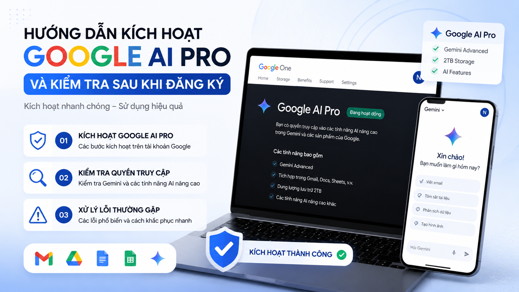 Hướng dẫn kích hoạt Google AI Pro và kiểm tra sau khi đăng ký - hỗ trợ đăng ký google ai pro, kích hoạt google ai pro, mua google ai pro chính chủ