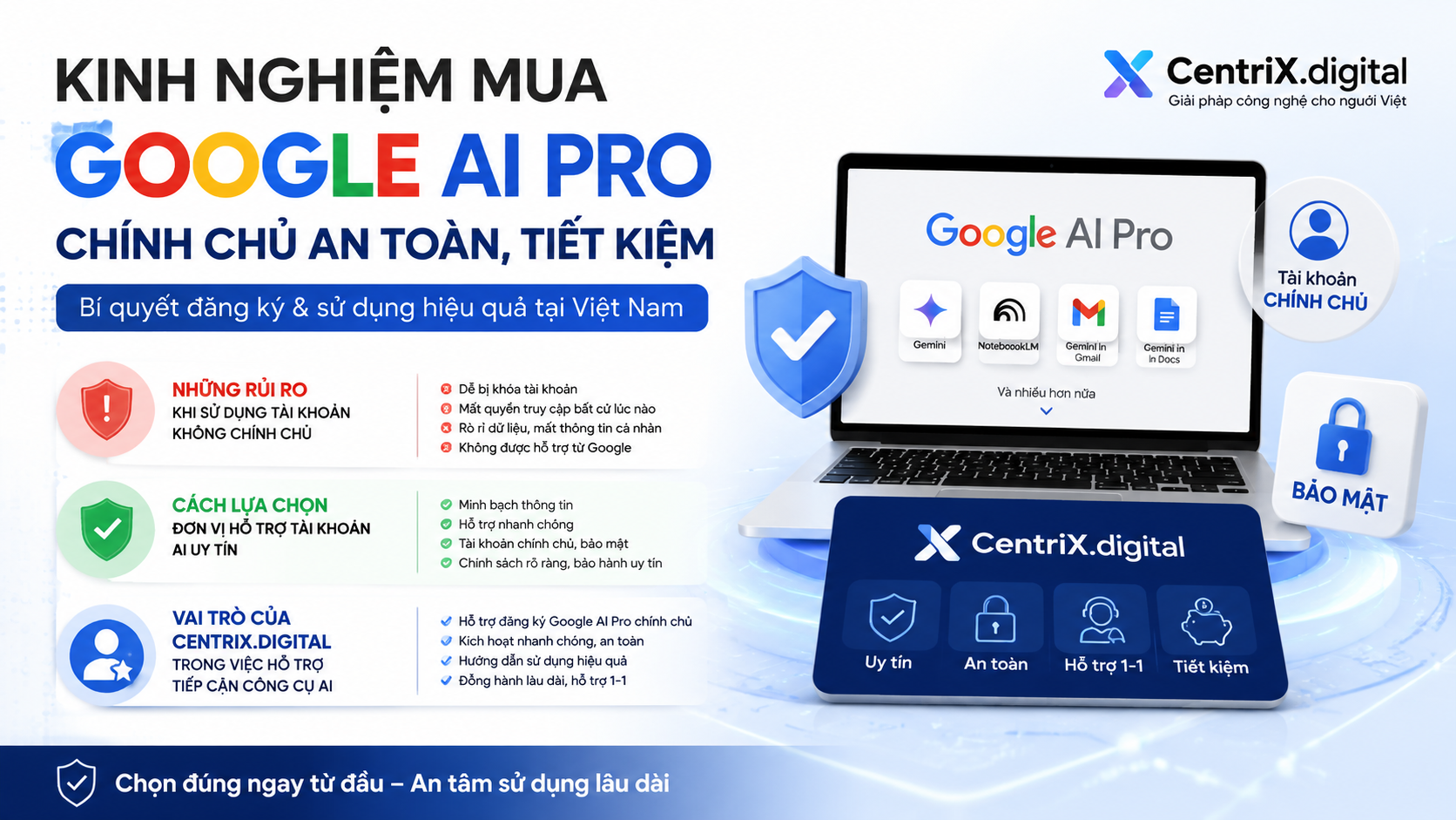 Kinh nghiệm mua Google AI Pro chính chủ an toàn, tiết kiệm - hỗ trợ đăng ký google ai pro, kích hoạt google ai pro, mua google ai pro chính chủ