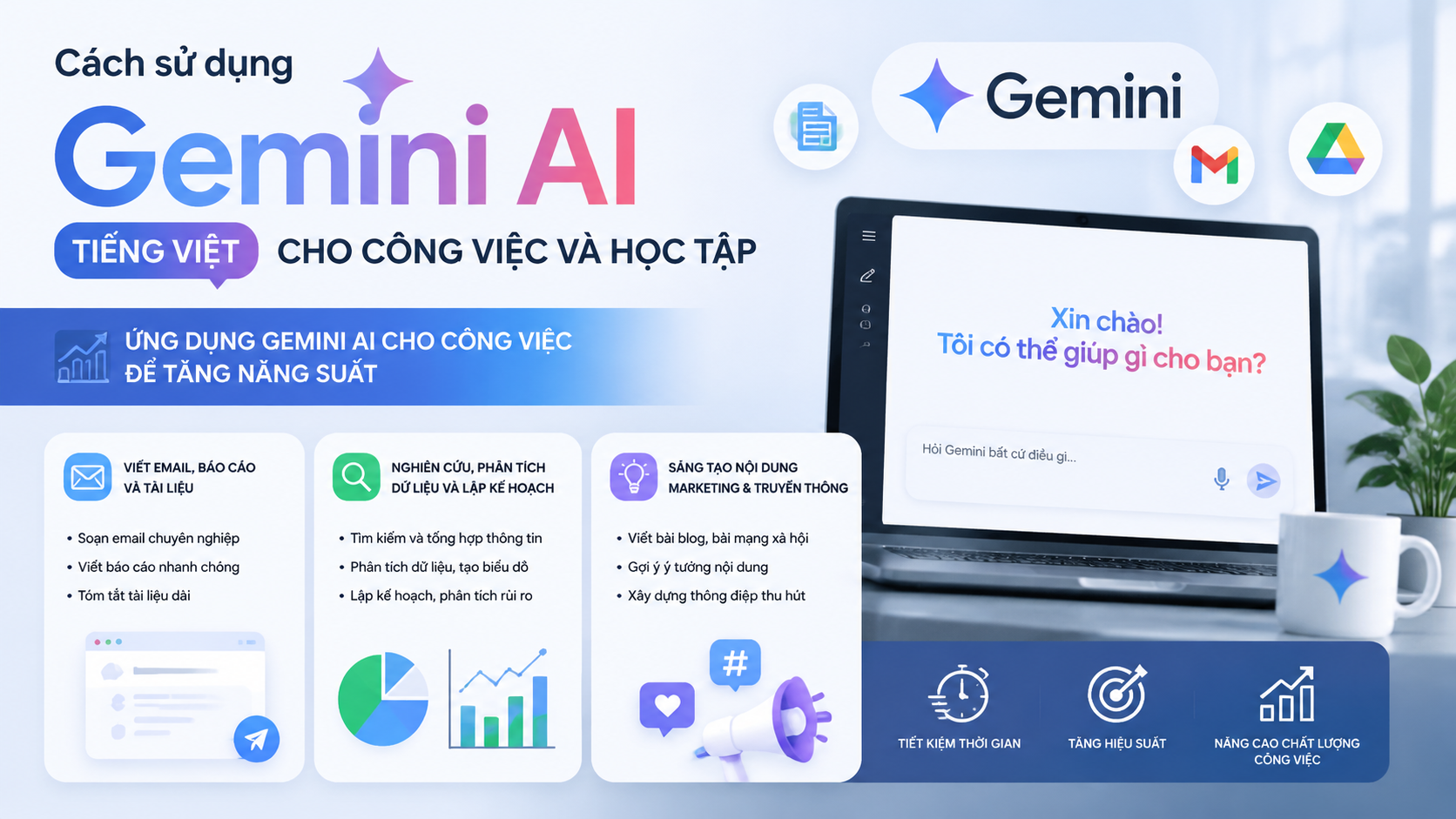 Ứng dụng Gemini AI cho công việc để tăng năng suất Ứng dụng Gemini AI cho công việc để tăng năng suất - cách sử dụng Gemini AI, Gemini tiếng Việt, Google AI chatbot