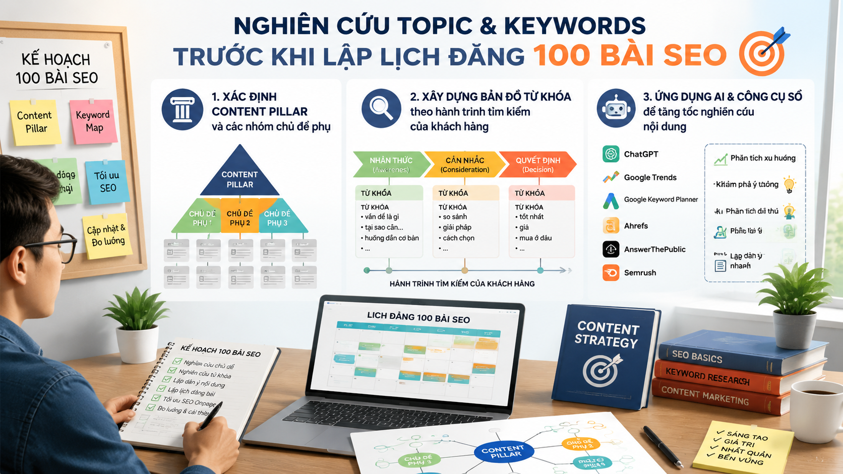 Nghiên cứu Topic & Keywords trước khi lập lịch đăng 100 bài SEO - lịch đăng 100 bài SEO