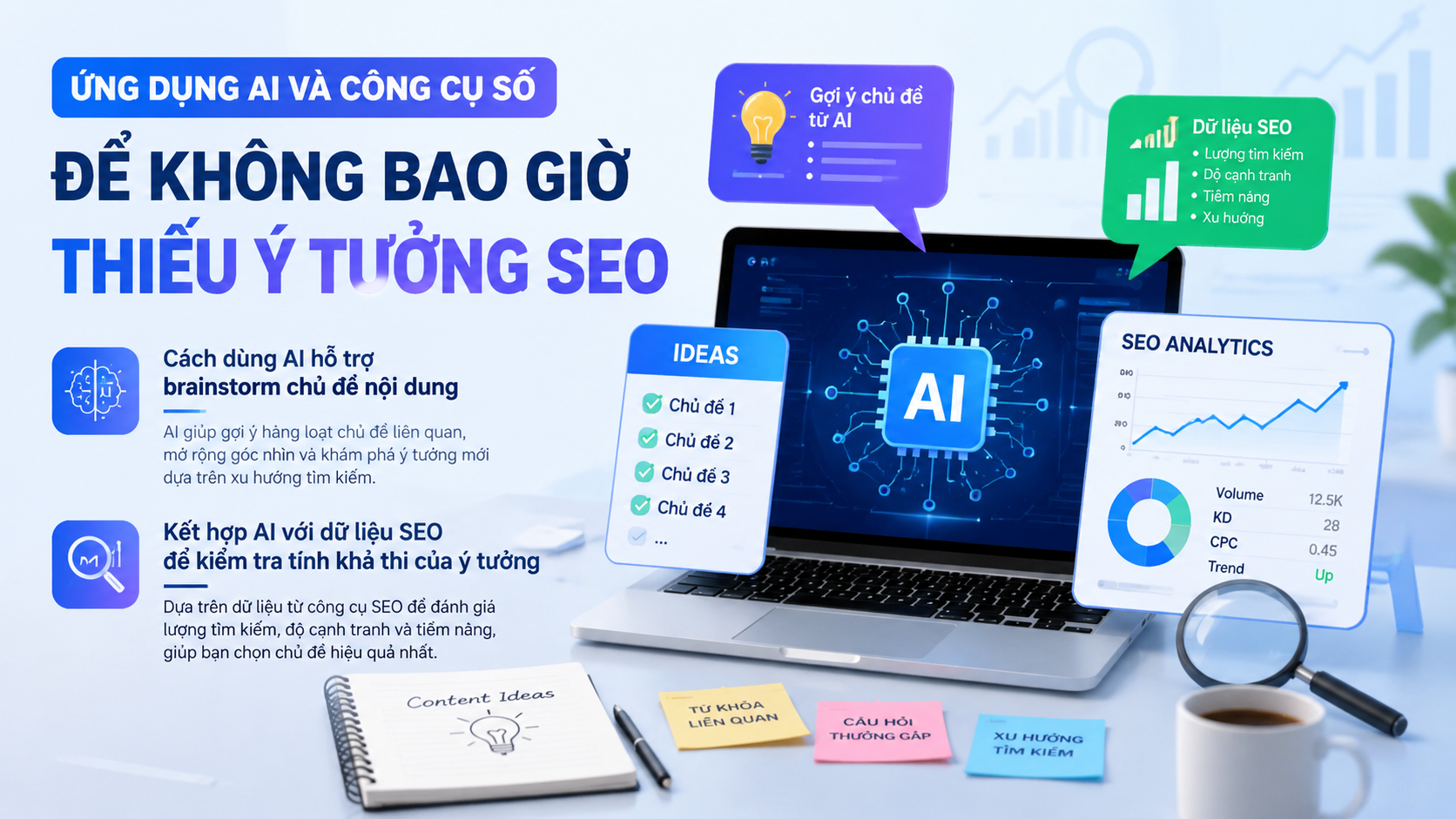 Ứng dụng AI và công cụ số để không bao giờ thiếu ý tưởng SEO - tìm chủ đề viết bài SEO