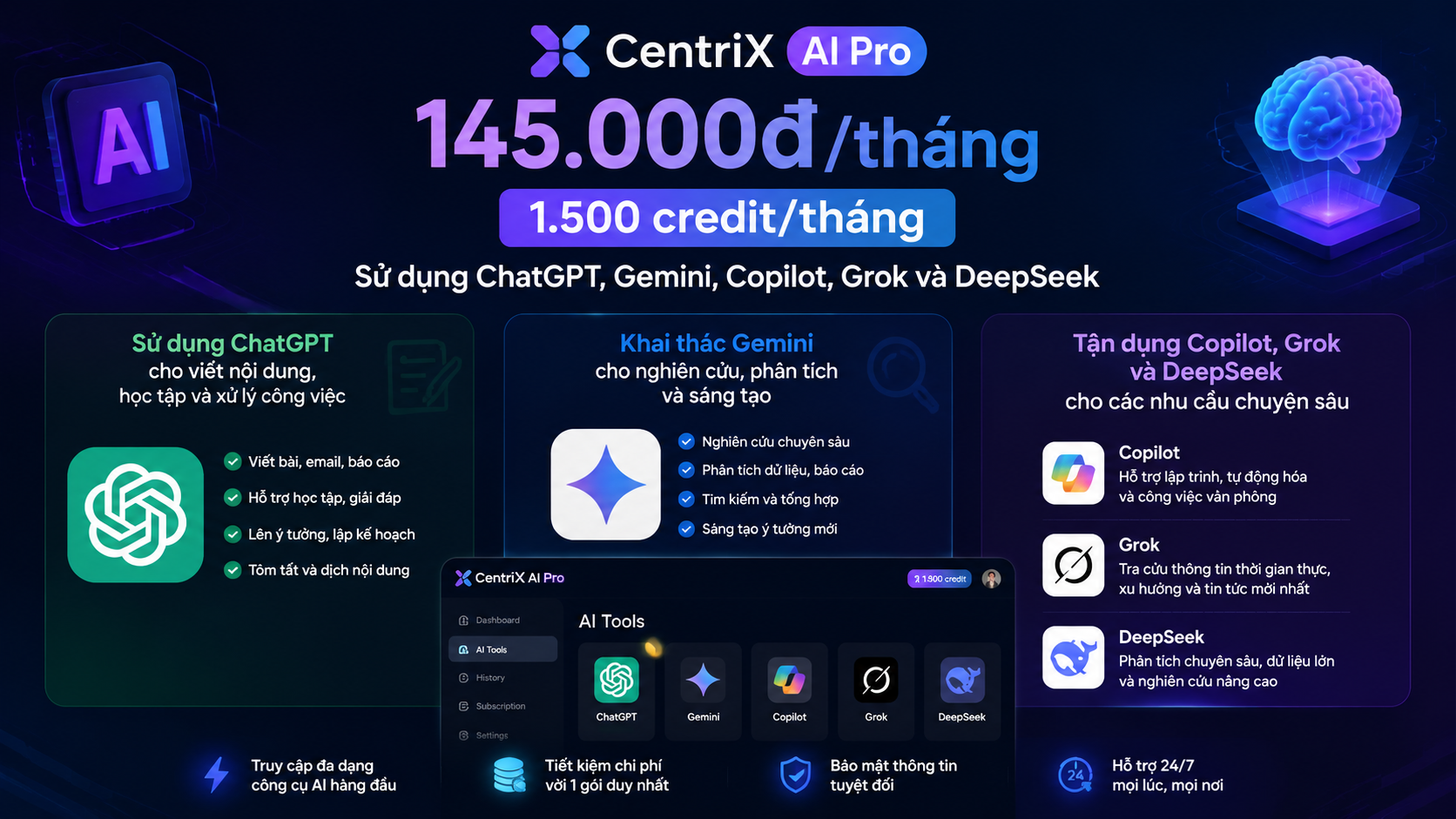 CentriX AI Pro hỗ trợ những công cụ AI nào? - CentriX AI Pro, ChatGPT, Gemini, Copilot, Grok, DeepSeek