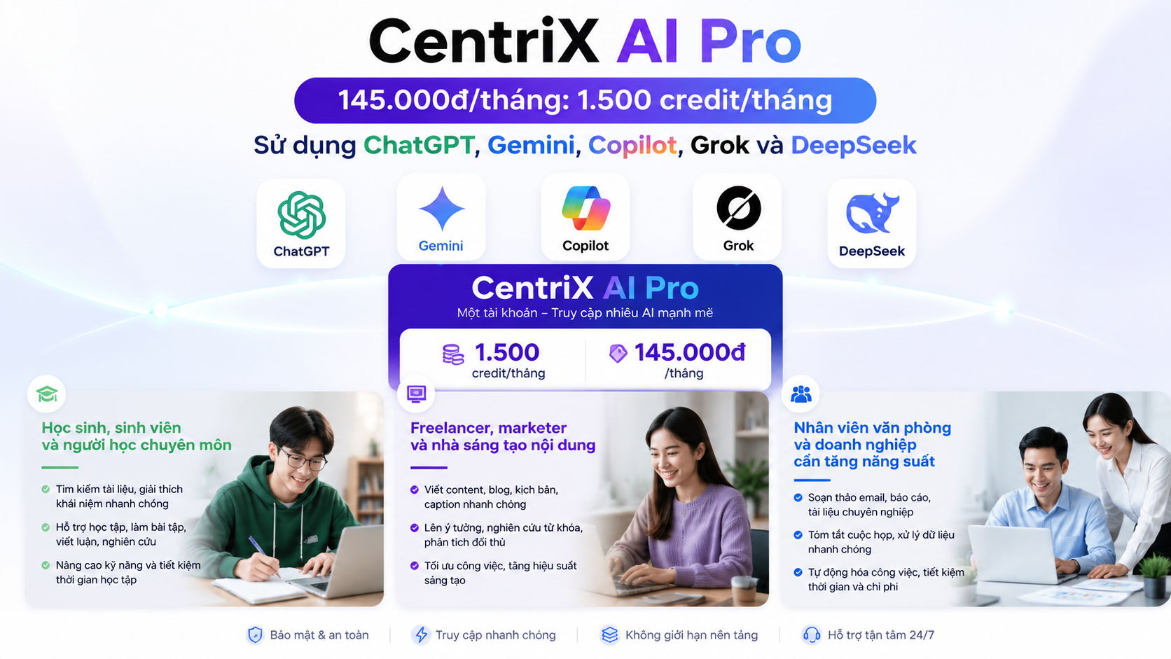 CentriX AI Pro phù hợp với những ai? - CentriX AI Pro, ChatGPT, Gemini, Copilot, Grok, DeepSeek