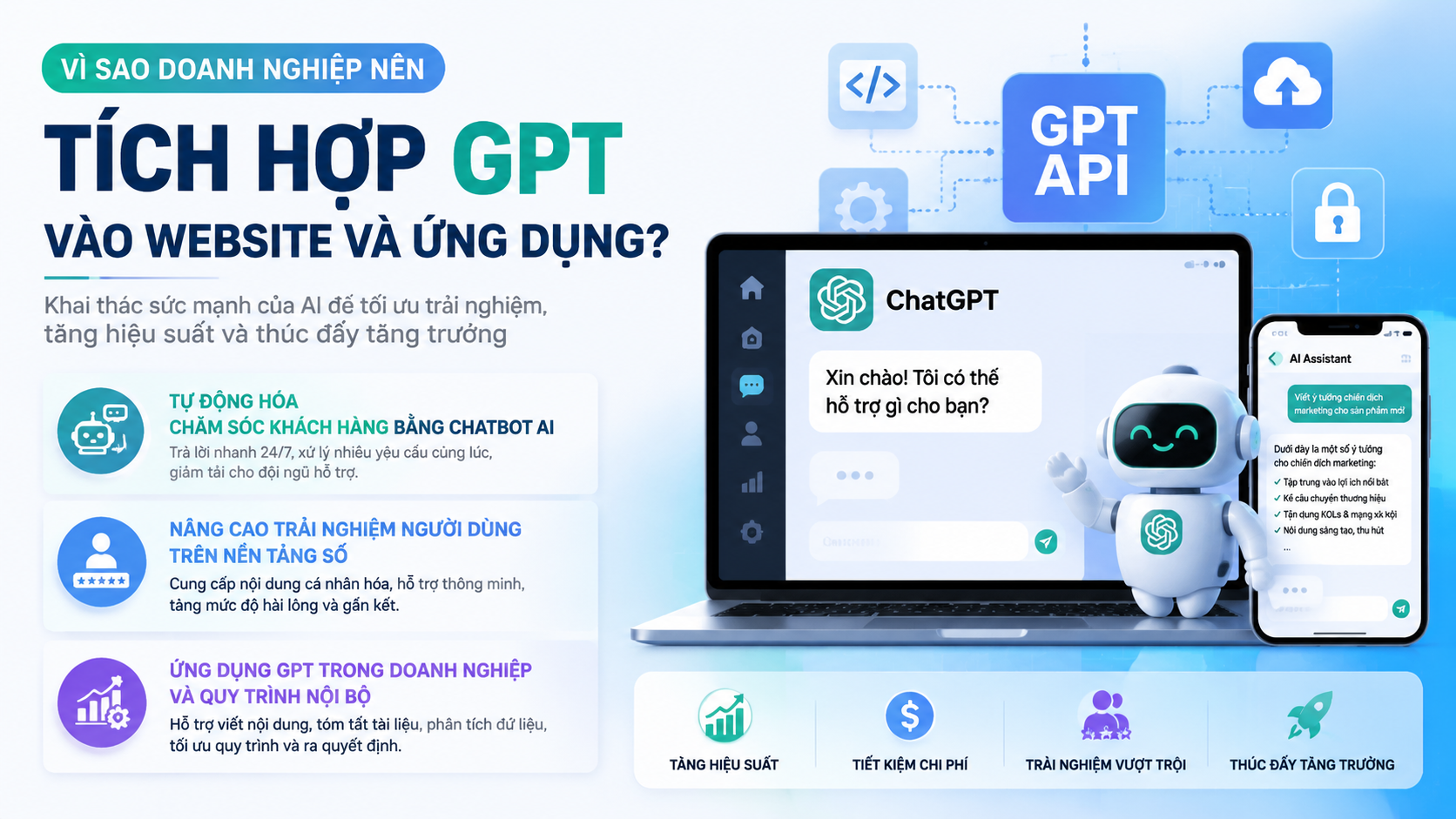 Vì sao doanh nghiệp nên tích hợp GPT vào website và ứng dụng? Vì sao doanh nghiệp nên tích hợp GPT vào website và ứng dụng? - ChatGPT API, OpenAI API, tích hợp GPT