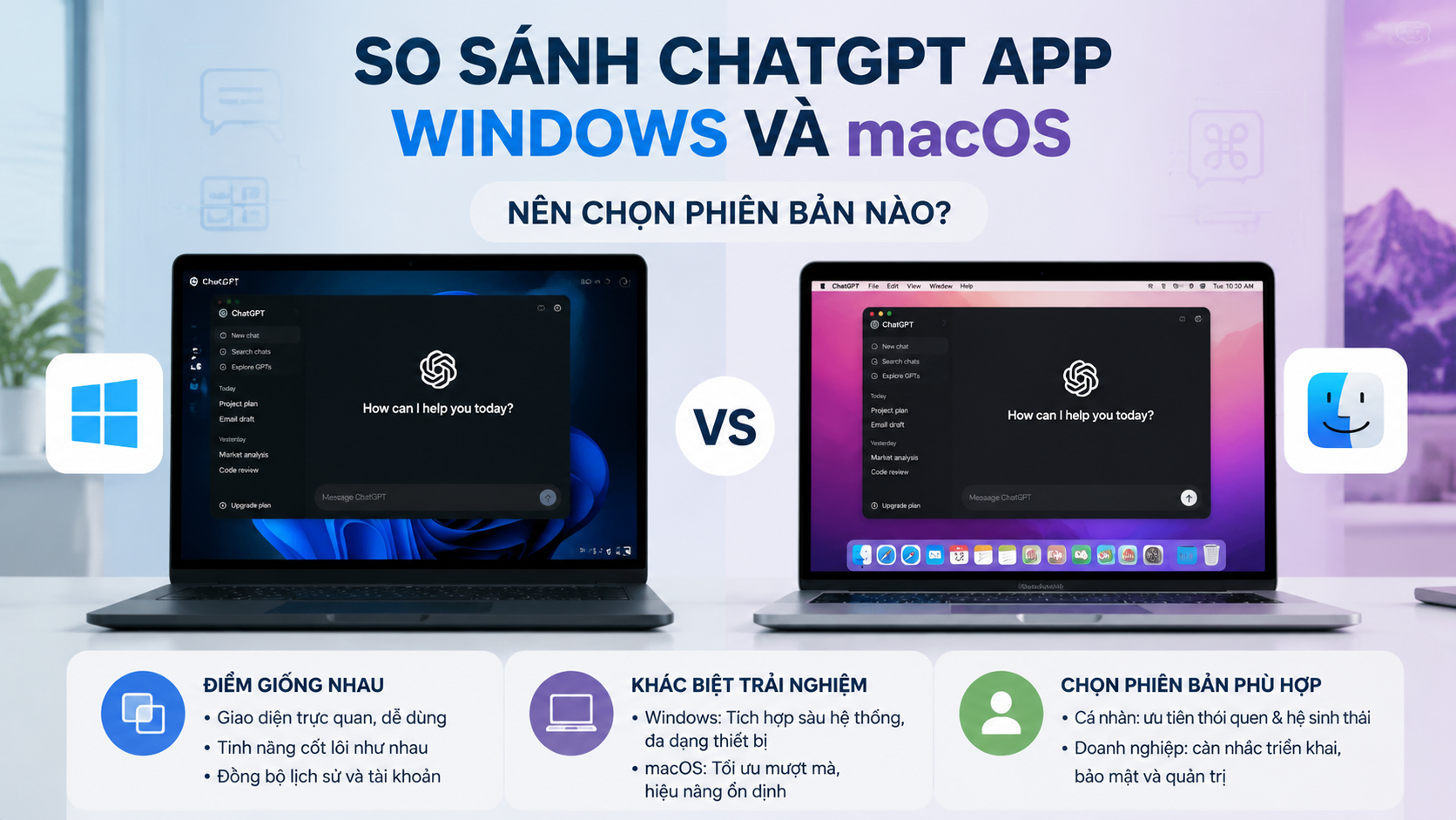 So sánh ChatGPT App Windows và macOS: Nên chọn phiên bản nào? So sánh ChatGPT App Windows và macOS: Nên chọn phiên bản nào? - ChatGPT app, ChatGPT download, cài ChatGPT trên máy tính