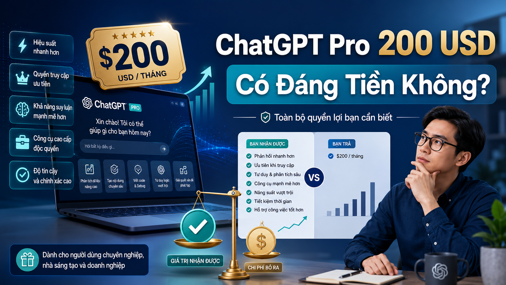 ChatGPT Pro có đáng tiền không? - ChatGPT Pro 200 USD, ChatGPT Pro là gì, gói ChatGPT cao cấp, ChatGPT Pro 2026