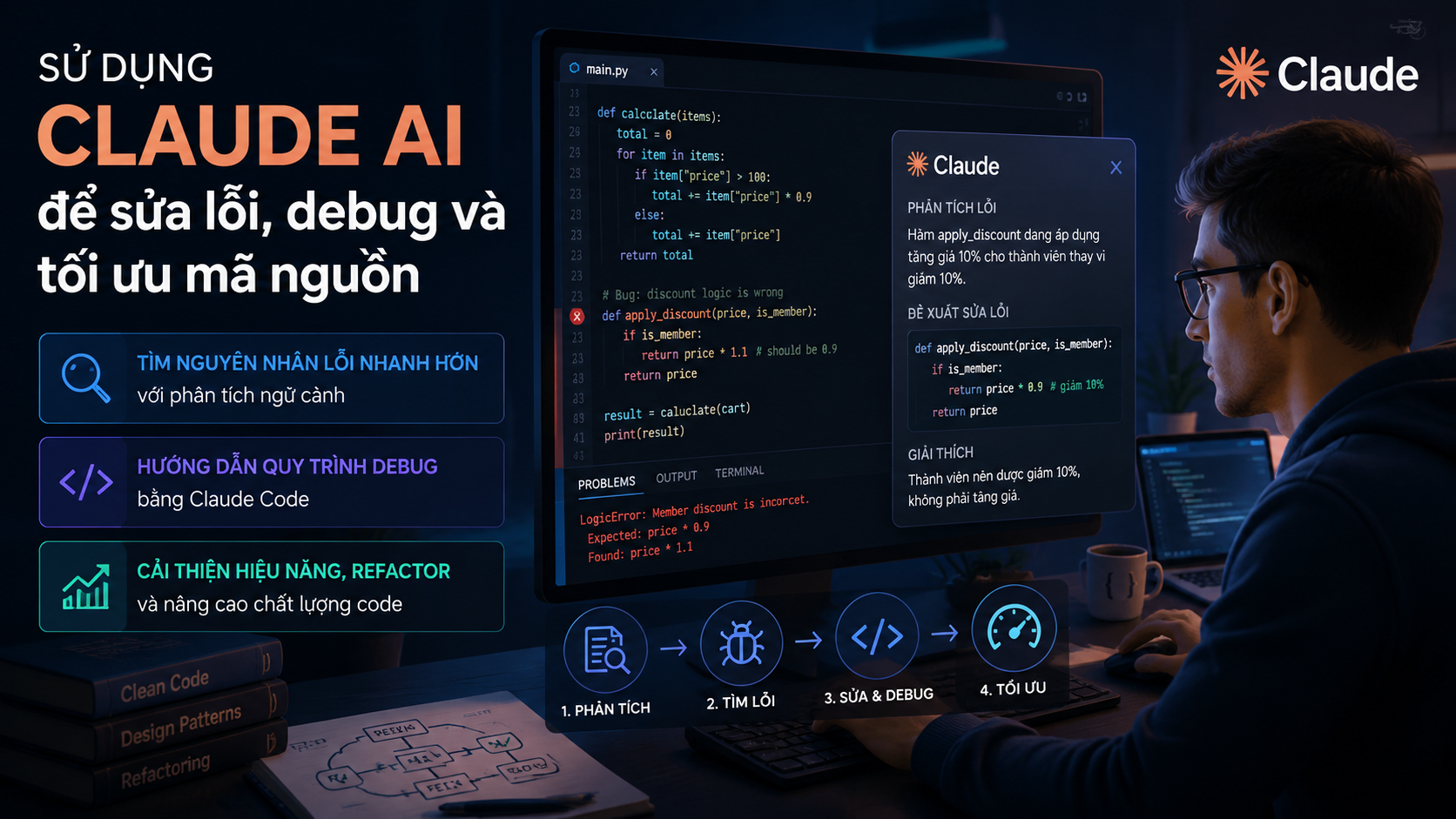 Sử dụng Claude AI để sửa lỗi, debug và tối ưu mã nguồn - Claude AI lập trình, Claude Code, AI coding assistant