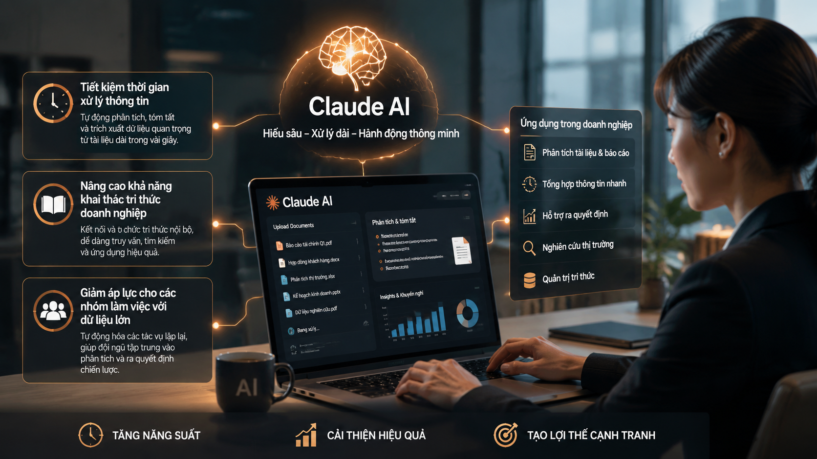 Lợi ích khi doanh nghiệp sử dụng Claude AI để tối ưu năng suất - Claude AI doanh nghiệp, Claude phân tích tài liệu, AI knowledge work