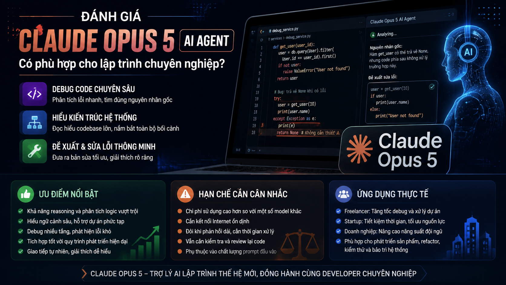 Đánh giá Claude Opus 5: Có phù hợp cho lập trình chuyên nghiệp? - Claude Opus 5 AI AgentClaude Opus 5 debug codeClaude Opus 5 Claude CodeClaude Opus 5 codingClaude Opus 5 có miễn phí khôngcách sử dụng Claude Opus 5Claude Opus 5 APIgiá Claude Opus 5Claude Opus 5 vs Fable 5Claude Opus 5 vs Sonnet 5Claude Opus 5 vs Opus 4.8Claude Opus 5 có gì mớiđánh giá Claude Opus 5Claude Opus 5 ra mắtClaude Opus 5 là gì, Claude Opus 5, Anthropic Opus 5Claude Opus 5 mới, Anthropic ra mắt Claude Opus 5review Claude Opus 5, Claude Opus 5 có tốt khôngtính năng Claude Opus 5, Claude Opus 5 mới nhấtso sánh Claude Opus 5, Opus 5 và Opus 4.8so sánh Opus 5 và Sonnet 5, Claude Sonnet 5Opus 5 và Fable 5, so sánh Claude 5Claude Opus 5 pricing, giá API Claude Opus 5API Claude Opus 5, claude-opus-5 APIhướng dẫn Claude Opus 5, dùng Claude Opus 5tài khoản Claude Opus 5, gói Claude Opus 5Claude Opus 5 lập trình, AI viết code ClaudeClaude Code Opus 5, coding agent ClaudeAI sửa lỗi code, Claude debug codeClaude Agent, agentic workflow Claude
