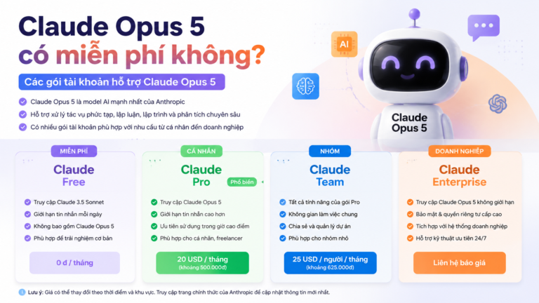 Claude Opus 5 có miễn phí không? Các gói tài khoản hỗ trợ - Claude Opus 5 codingClaude Opus 5 có miễn phí khôngcách sử dụng Claude Opus 5Claude Opus 5 APIgiá Claude Opus 5Claude Opus 5 vs Fable 5Claude Opus 5 vs Sonnet 5Claude Opus 5 vs Opus 4.8Claude Opus 5 có gì mớiđánh giá Claude Opus 5Claude Opus 5 ra mắtClaude Opus 5 là gì, Claude Opus 5, Anthropic Opus 5Claude Opus 5 mới, Anthropic ra mắt Claude Opus 5review Claude Opus 5, Claude Opus 5 có tốt khôngtính năng Claude Opus 5, Claude Opus 5 mới nhấtso sánh Claude Opus 5, Opus 5 và Opus 4.8so sánh Opus 5 và Sonnet 5, Claude Sonnet 5Opus 5 và Fable 5, so sánh Claude 5Claude Opus 5 pricing, giá API Claude Opus 5API Claude Opus 5, claude-opus-5 APIhướng dẫn Claude Opus 5, dùng Claude Opus 5tài khoản Claude Opus 5, gói Claude Opus 5Claude Opus 5 lập trình, AI viết code Claude