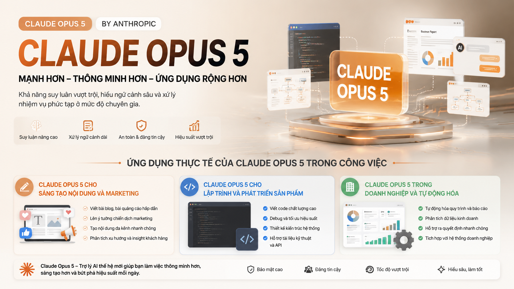 Ứng dụng thực tế của Claude Opus 5 trong công việc - Claude Opus 5 ra mắtClaude Opus 5 là gì, Claude Opus 5, Anthropic Opus 5Claude Opus 5 mới, Anthropic ra mắt Claude Opus 5