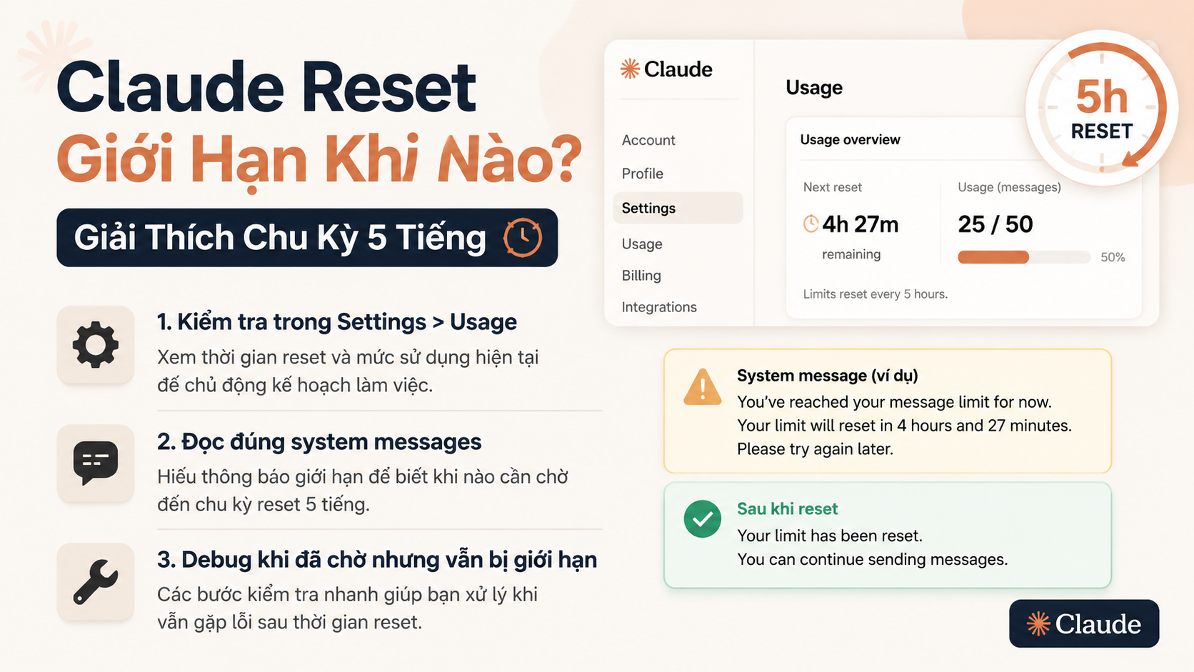 Cách kiểm tra thời gian reset Claude - claude reset giới hạn