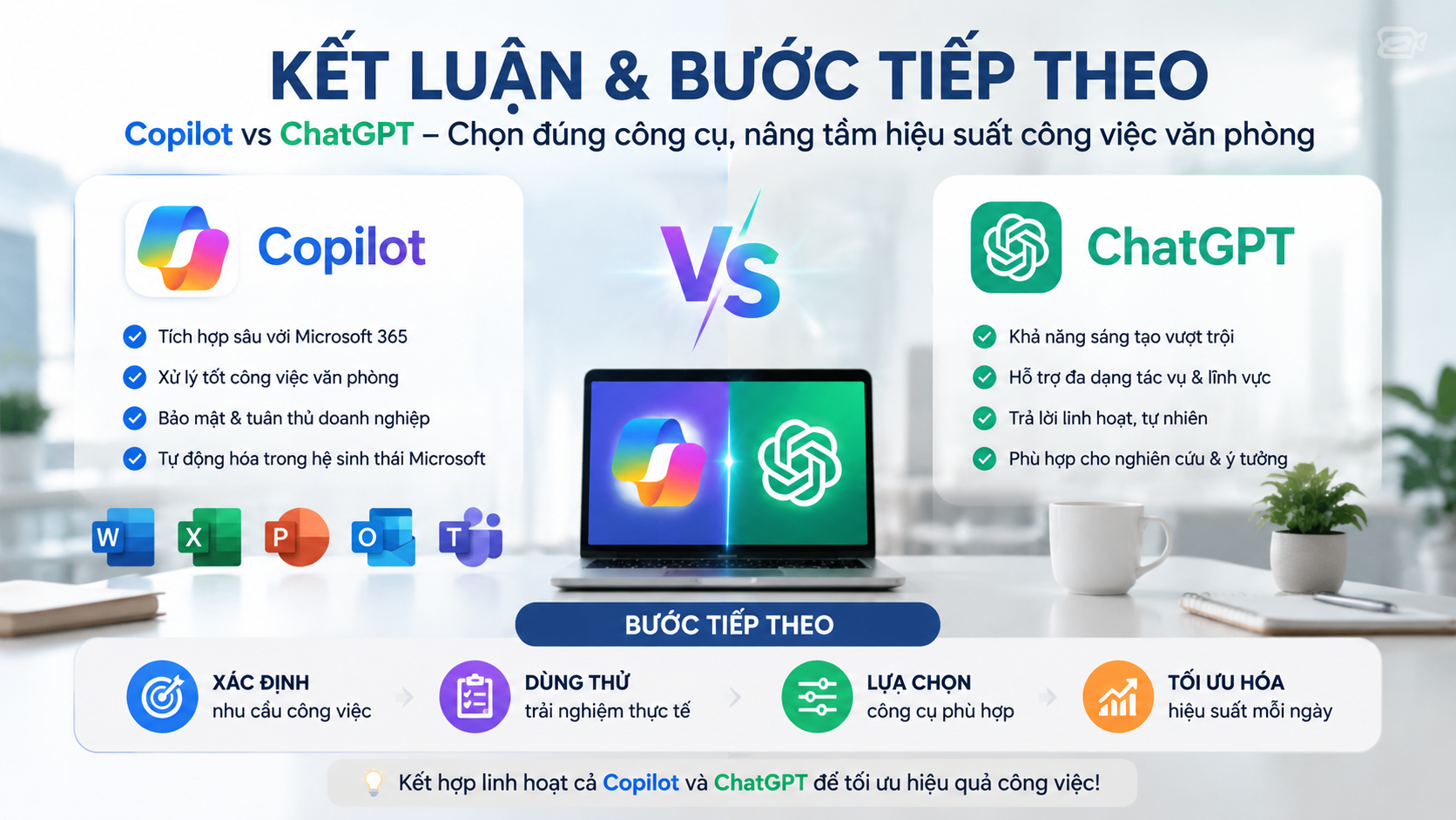 Kết luận và bước tiếp theo Kết luận và bước tiếp theo - Copilot vs ChatGPT, so sánh Copilot ChatGPT