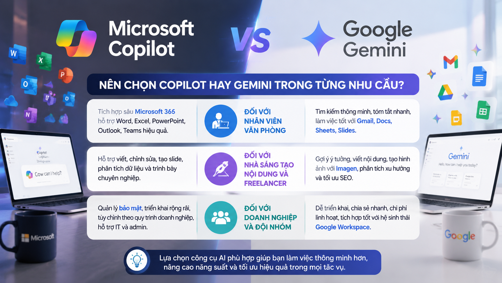 Nên chọn Microsoft Copilot hay Google Gemini trong từng nhu cầu? Nên chọn Microsoft Copilot hay Google Gemini trong từng nhu cầu? - Copilot vs Gemini, so sánh Microsoft Copilot Gemini