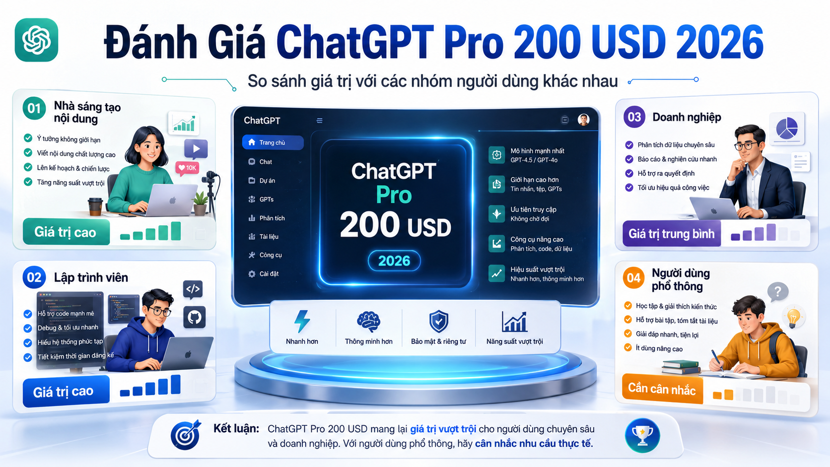 So sánh giá trị ChatGPT Pro với các nhóm người dùng khác nhau - ChatGPT Pro 2026, review ChatGPT Pro 200 USD, ChatGPT mới nhất, gói AI cao cấp