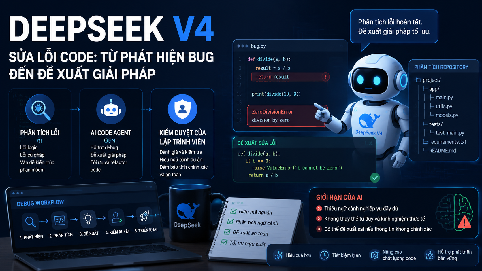 DeepSeek V4 sửa lỗi code: Từ phát hiện bug đến đề xuất giải pháp DeepSeek V4 sửa lỗi code: Từ phát hiện bug đến đề xuất giải pháp - DeepSeek V4 lập trình, DeepSeek coding, AI code agent