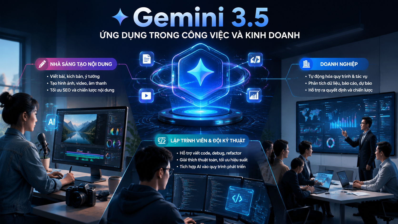 Ứng dụng Gemini 3.5 trong công việc và kinh doanh Ứng dụng Gemini 3.5 trong công việc và kinh doanh - Gemini 3.5 là gì, Gemini 3.5 Flash, Google Gemini AI