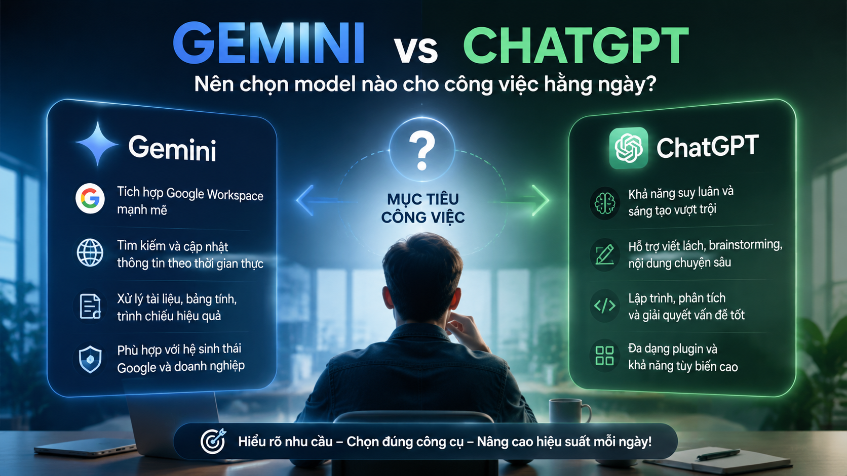 Kết luận: Chọn Gemini hay ChatGPT phụ thuộc vào mục tiêu công việc Kết luận: Chọn Gemini hay ChatGPT phụ thuộc vào mục tiêu công việc - Gemini vs ChatGPT, so sánh Gemini và ChatGPT