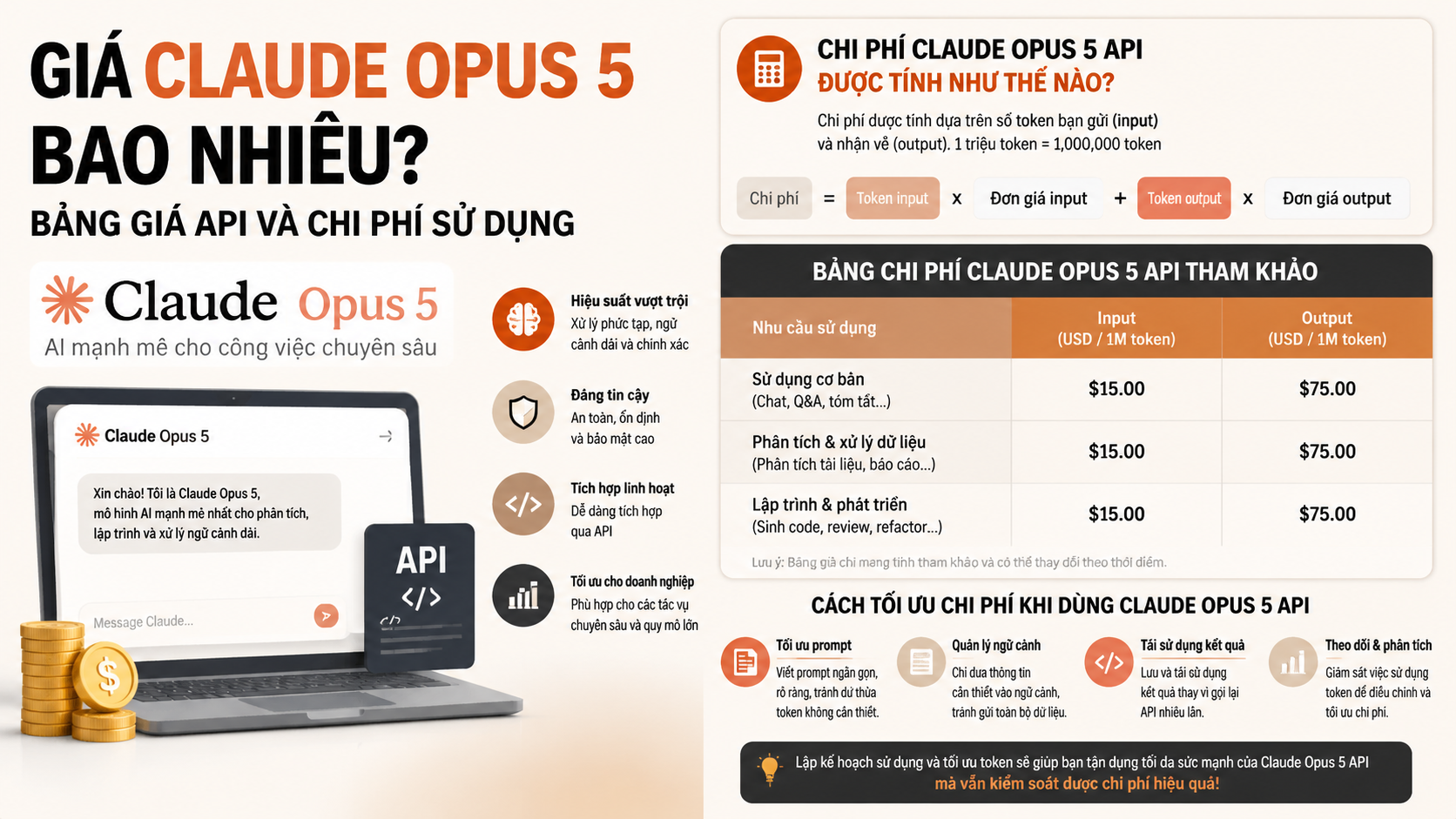 Giá Claude Opus 5 bao nhiêu? Bảng giá API và chi phí sử dụng Giá Claude Opus 5 bao nhiêu? Bảng giá API và chi phí sử dụng - Claude Opus 5 APIgiá Claude Opus 5Claude Opus 5 vs Fable 5Claude Opus 5 vs Sonnet 5Claude Opus 5 vs Opus 4.8Claude Opus 5 có gì mớiđánh giá Claude Opus 5Claude Opus 5 ra mắtClaude Opus 5 là gì, Claude Opus 5, Anthropic Opus 5Claude Opus 5 mới, Anthropic ra mắt Claude Opus 5review Claude Opus 5, Claude Opus 5 có tốt khôngtính năng Claude Opus 5, Claude Opus 5 mới nhấtso sánh Claude Opus 5, Opus 5 và Opus 4.8so sánh Opus 5 và Sonnet 5, Claude Sonnet 5Opus 5 và Fable 5, so sánh Claude 5Claude Opus 5 pricing, giá API Claude Opus 5API Claude Opus 5, claude-opus-5 API