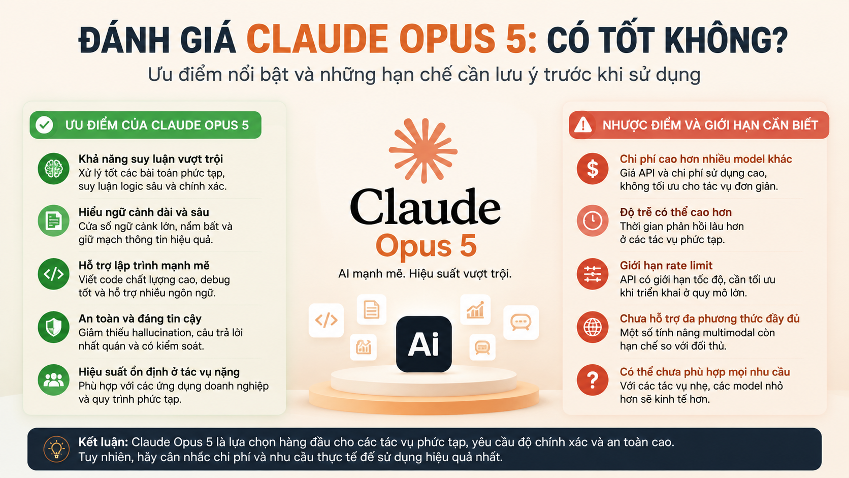 Đánh giá Claude Opus 5: Có tốt không? Đánh giá Claude Opus 5: Có tốt không? - Claude Opus 5 APIgiá Claude Opus 5Claude Opus 5 vs Fable 5Claude Opus 5 vs Sonnet 5Claude Opus 5 vs Opus 4.8Claude Opus 5 có gì mớiđánh giá Claude Opus 5Claude Opus 5 ra mắtClaude Opus 5 là gì, Claude Opus 5, Anthropic Opus 5Claude Opus 5 mới, Anthropic ra mắt Claude Opus 5review Claude Opus 5, Claude Opus 5 có tốt khôngtính năng Claude Opus 5, Claude Opus 5 mới nhấtso sánh Claude Opus 5, Opus 5 và Opus 4.8so sánh Opus 5 và Sonnet 5, Claude Sonnet 5Opus 5 và Fable 5, so sánh Claude 5Claude Opus 5 pricing, giá API Claude Opus 5API Claude Opus 5, claude-opus-5 API