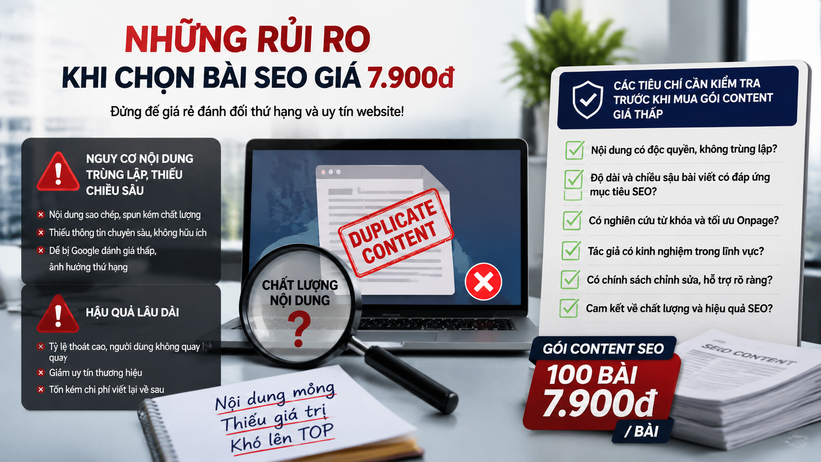 Những rủi ro khi chọn bài SEO giá 7.900đ - gói content SEO 100 bài