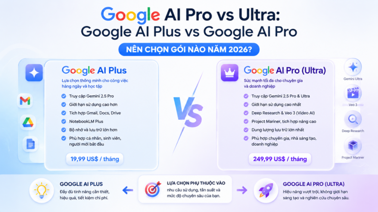 Google AI Pro vs Ultra: Google AI Plus vs Google AI Pro nên chọn gói nào năm 2026? - google ai pro vs ultra, so sánh google ai pro và ultra