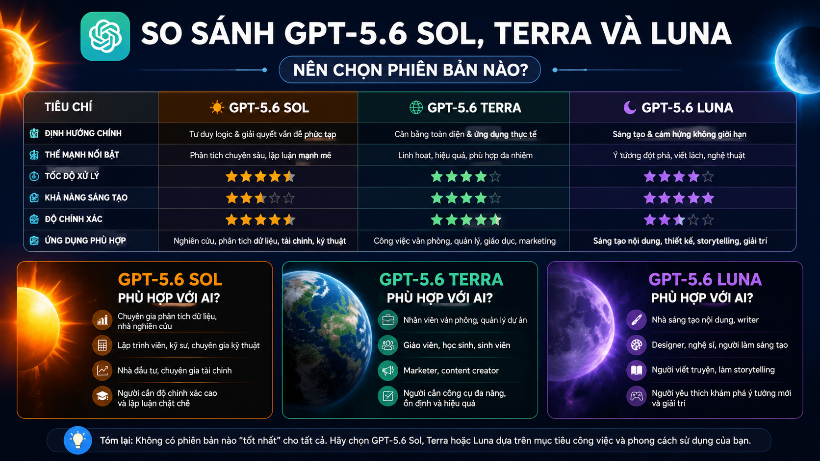 So sánh GPT-5.6 Sol, Terra và Luna: Nên chọn phiên bản nào? So sánh GPT-5.6 Sol, Terra và Luna: Nên chọn phiên bản nào? - GPT-5.6 là gì, GPT-5.6 Sol, GPT-5.6 Terra, GPT-5.6 Luna