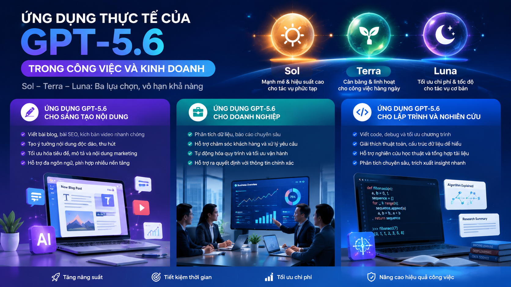 Ứng dụng thực tế của GPT-5.6 trong công việc và kinh doanh Ứng dụng thực tế của GPT-5.6 trong công việc và kinh doanh - GPT-5.6 là gì, GPT-5.6 Sol, GPT-5.6 Terra, GPT-5.6 Luna