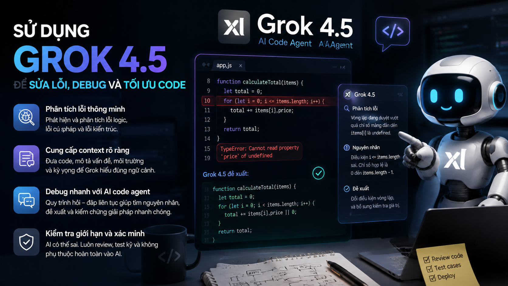 Sử dụng Grok 4.5 để sửa lỗi, debug và tối ưu code Sử dụng Grok 4.5 để sửa lỗi, debug và tối ưu code - Grok 4.5 lập trình, Grok coding, AI code agent
