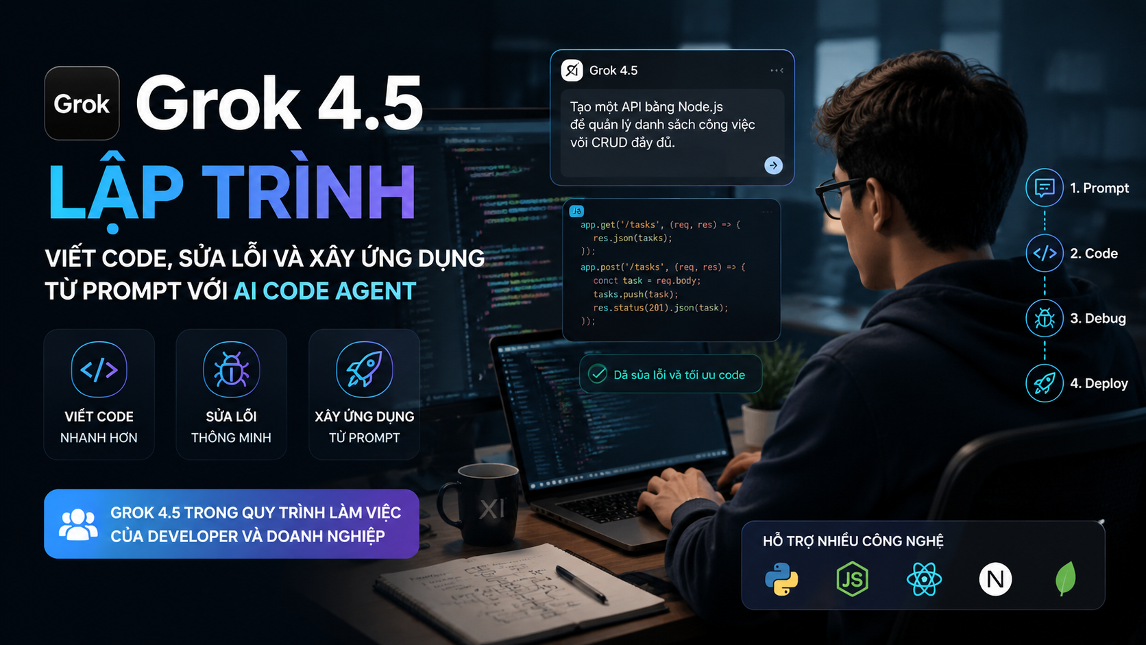 Grok 4.5 trong quy trình làm việc của developer và doanh nghiệp Grok 4.5 trong quy trình làm việc của developer và doanh nghiệp - Grok 4.5 lập trình, Grok coding, AI code agent