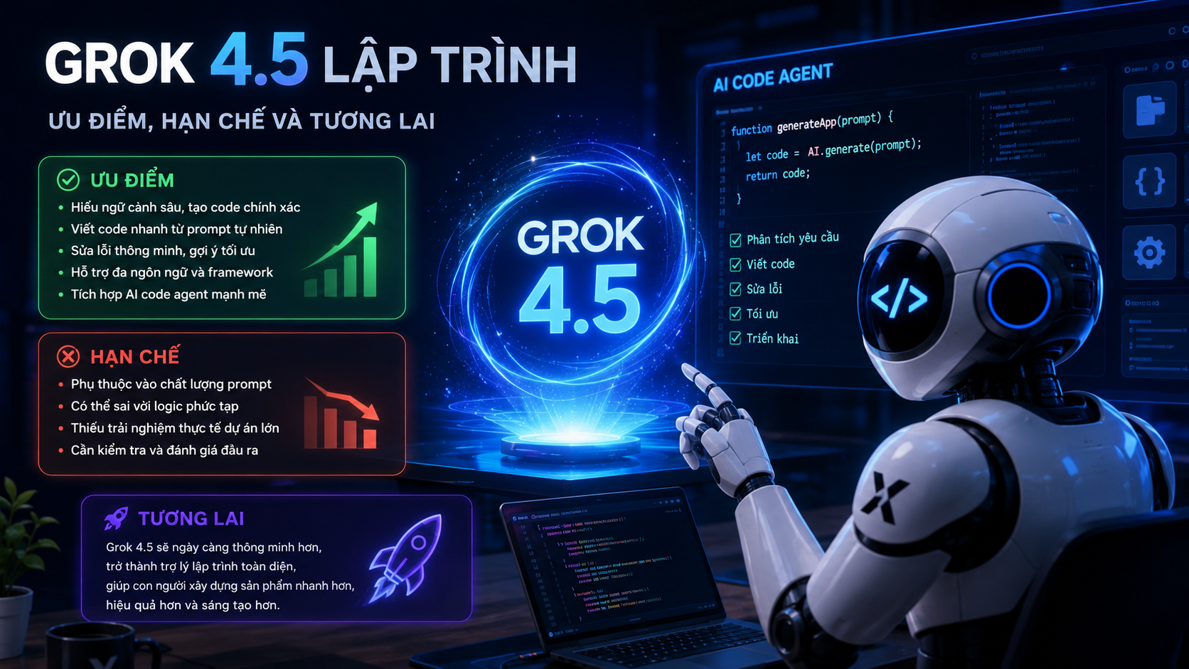 Ưu điểm, hạn chế và tương lai của Grok 4.5 lập trình Ưu điểm, hạn chế và tương lai của Grok 4.5 lập trình - Grok 4.5 lập trình, Grok coding, AI code agent