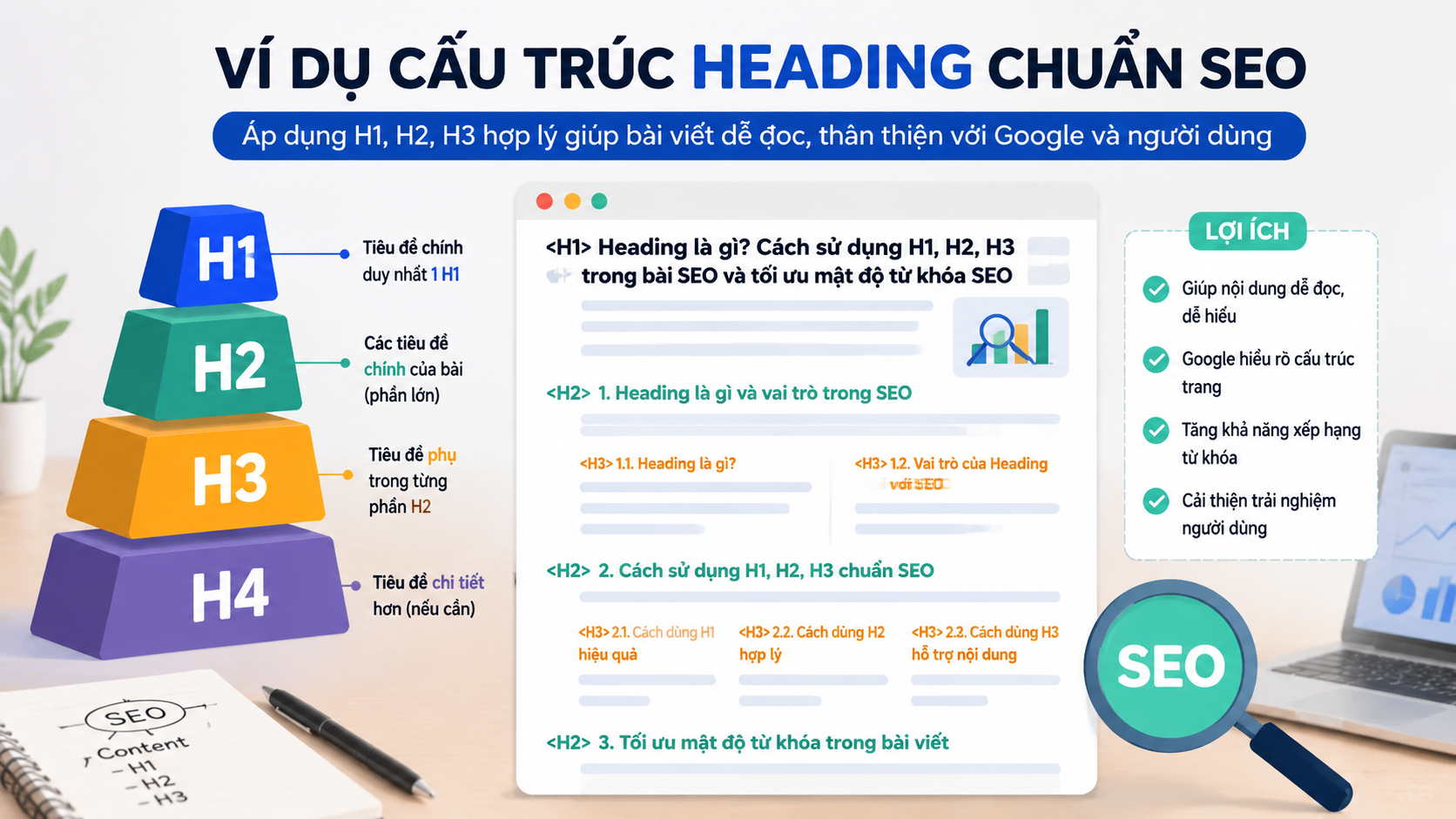 Ví dụ cấu trúc Heading chuẩn SEO cho bài viết thực tế - mật độ từ khóa SEO
