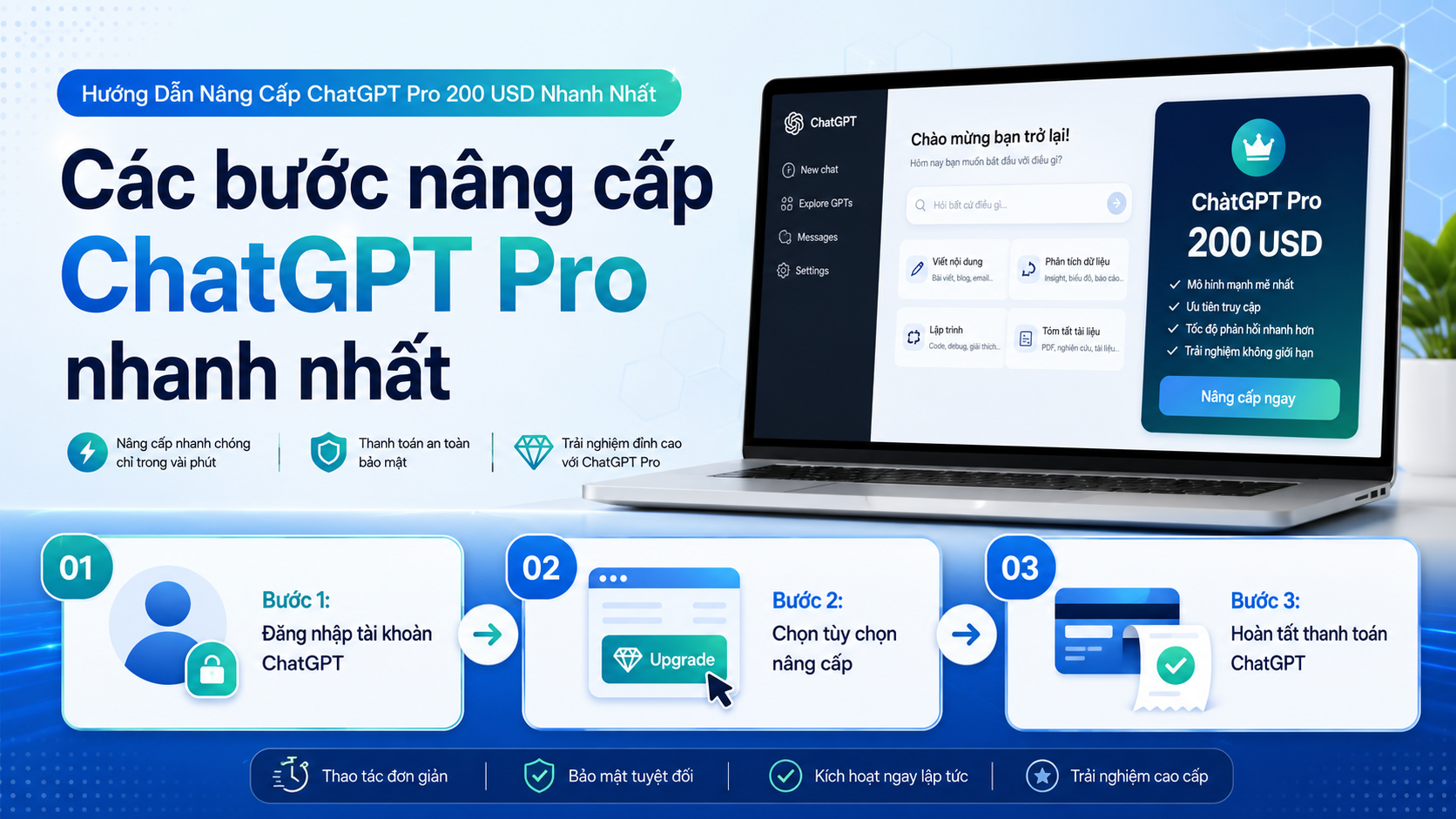 Các bước nâng cấp ChatGPT Pro nhanh nhất - cách mua ChatGPT Pro, nâng cấp ChatGPT Pro, đăng ký ChatGPT Pro, thanh toán ChatGPT