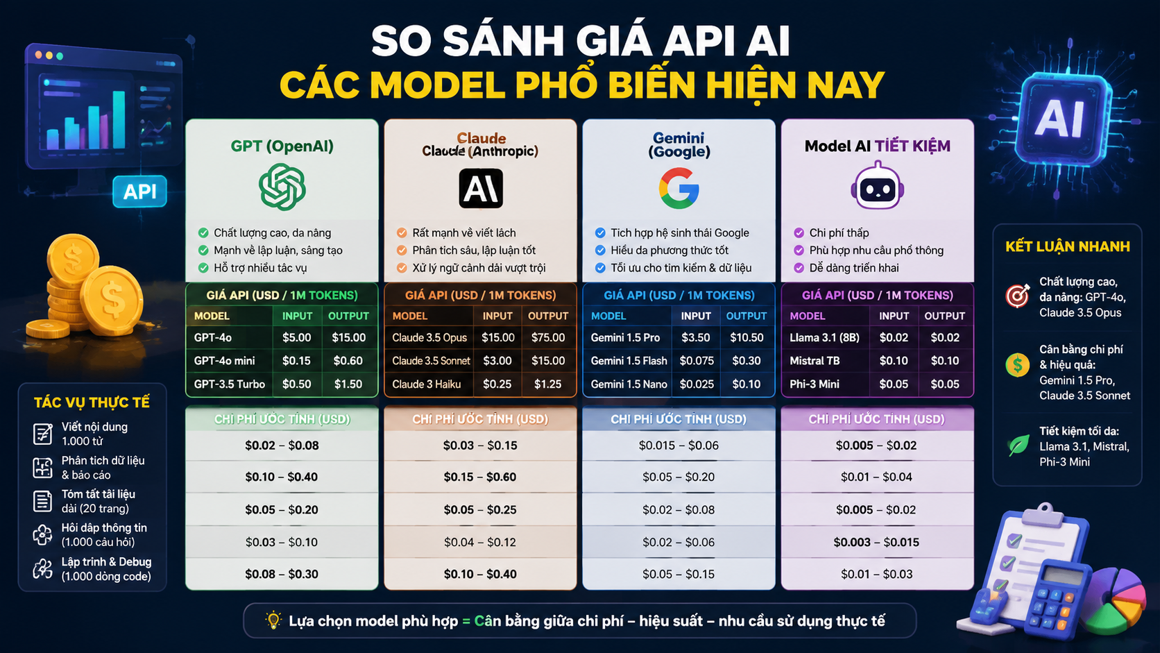 So sánh giá API AI của các model phổ biến hiện nay - model AI rẻ nhất, so sánh giá API AI, chi phí token