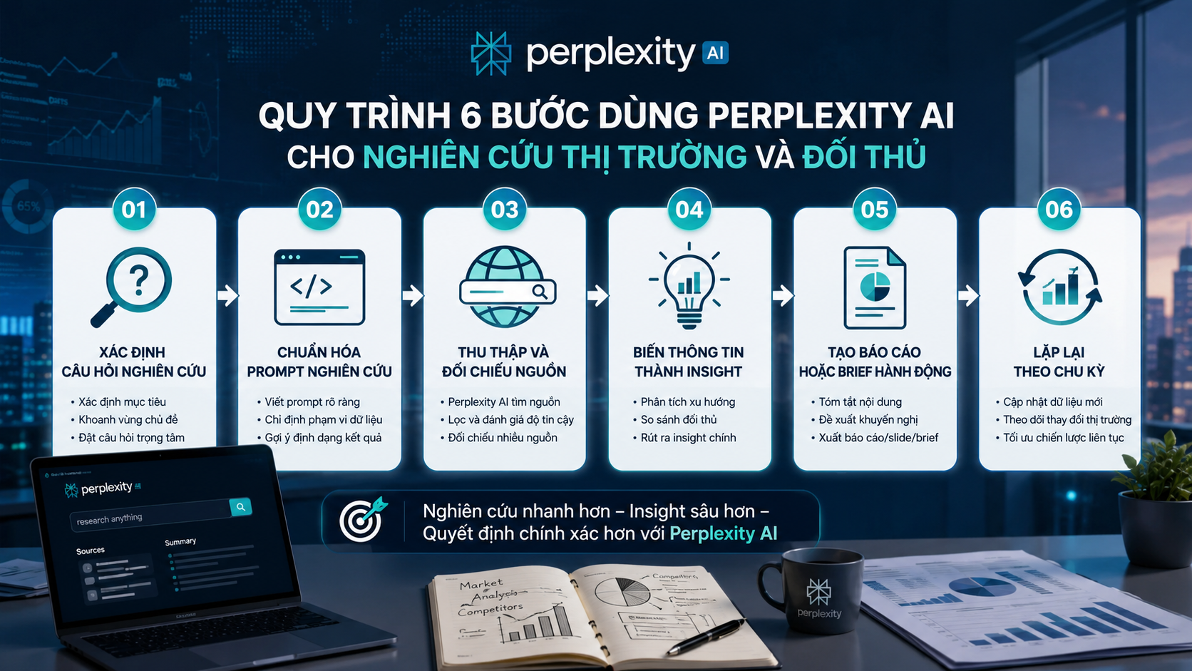 Quy trình 6 bước dùng Perplexity AI cho nghiên cứu thị trường và đối thủ Quy trình 6 bước dùng Perplexity AI cho nghiên cứu thị trường và đối thủ - Perplexity AI doanh nghiệp, AI nghiên cứu thị trường, AI competitive research