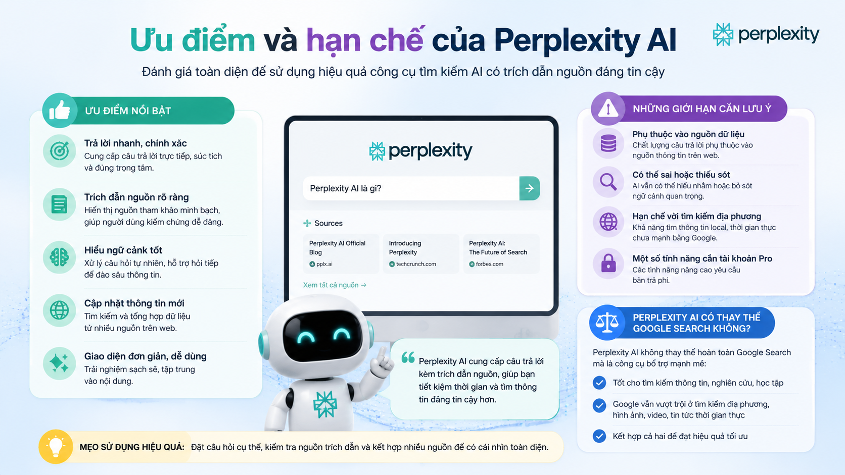 Ưu điểm và hạn chế của Perplexity AI Ưu điểm và hạn chế của Perplexity AI - Perplexity AI là gì, AI search, công cụ tìm kiếm AI
