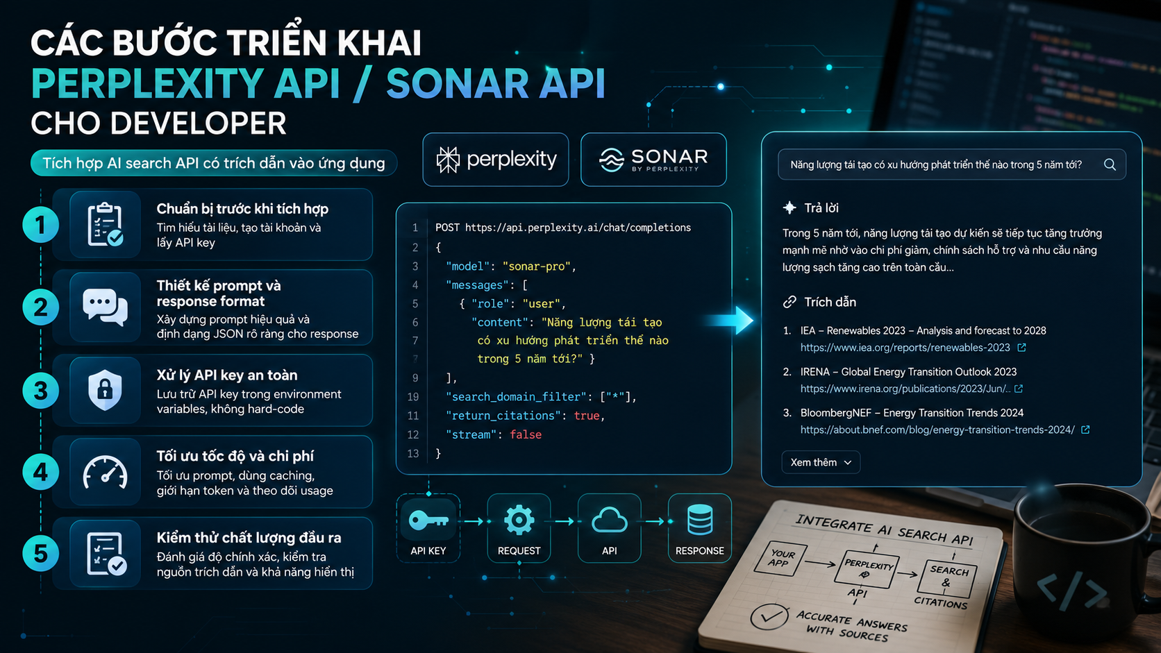 Các bước triển khai Perplexity API/Sonar API cho developer Các bước triển khai Perplexity API/Sonar API cho developer - Perplexity API, Sonar API, AI search API