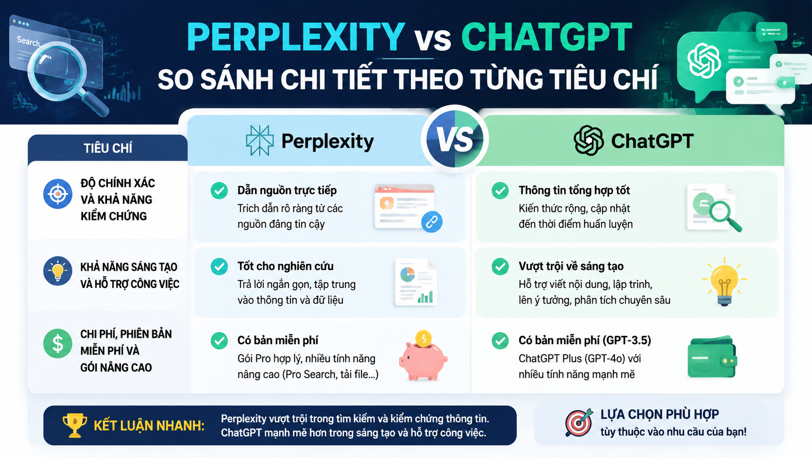 Bảng so sánh chi tiết Perplexity và ChatGPT theo từng tiêu chí - Perplexity vs ChatGPT, so sánh Perplexity ChatGPT