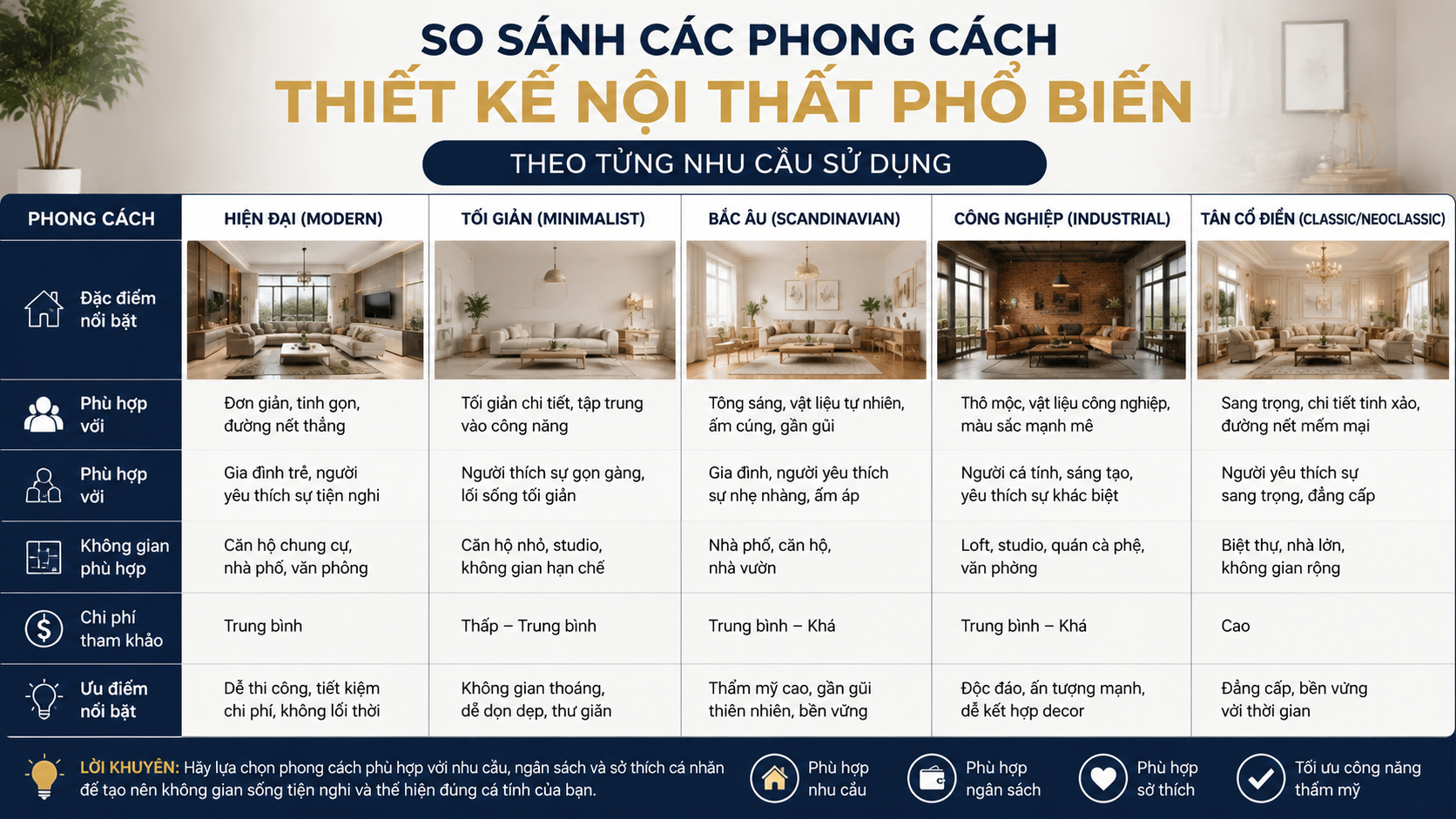 So sánh các phong cách thiết kế nội thất phổ biến theo từng nhu cầu sử dụng - Phong cách thiết kế nội thất