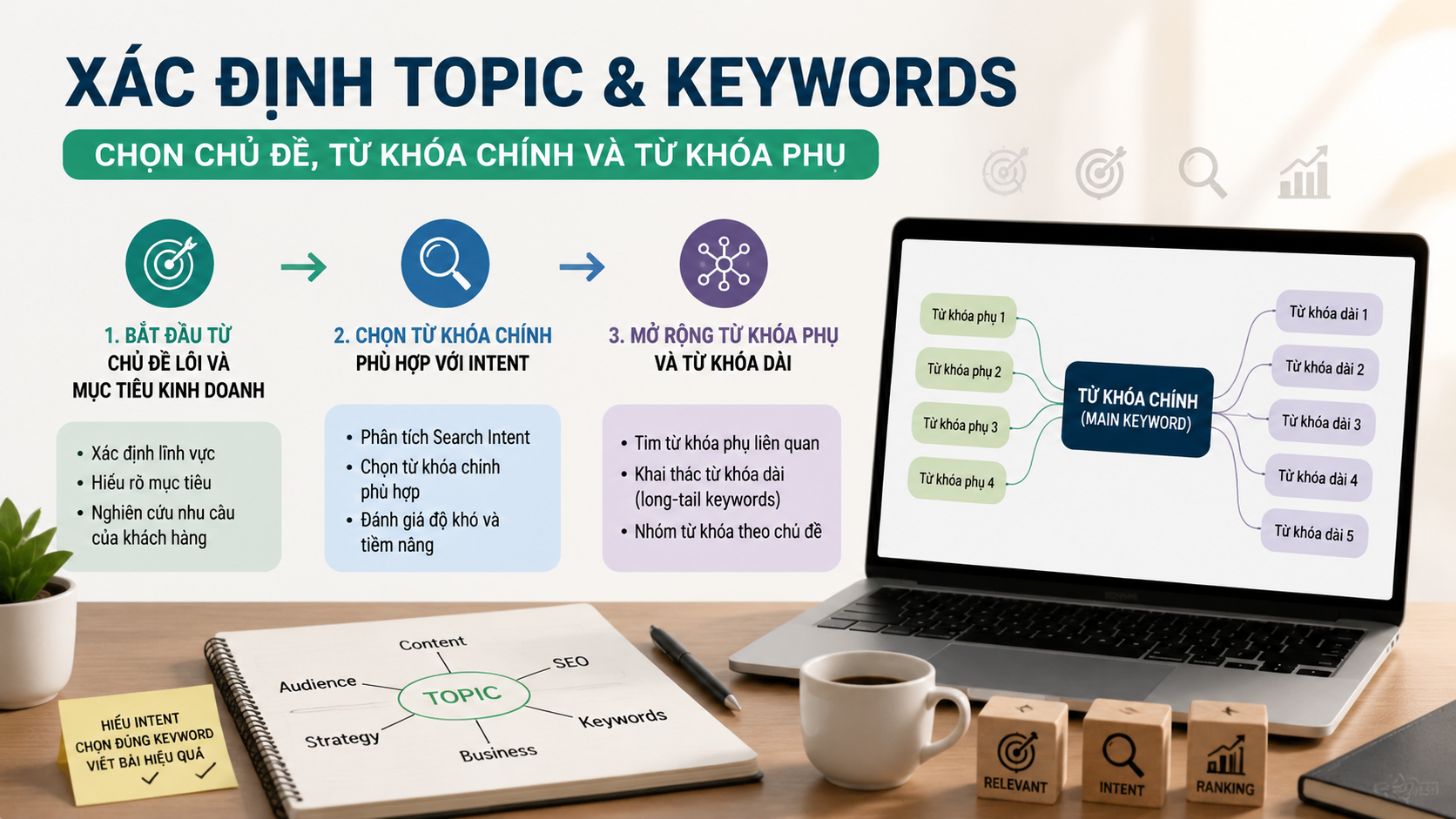 Xác định Topic & Keywords: Chọn chủ đề, từ khóa chính và từ khóa phụ - search intent là gì