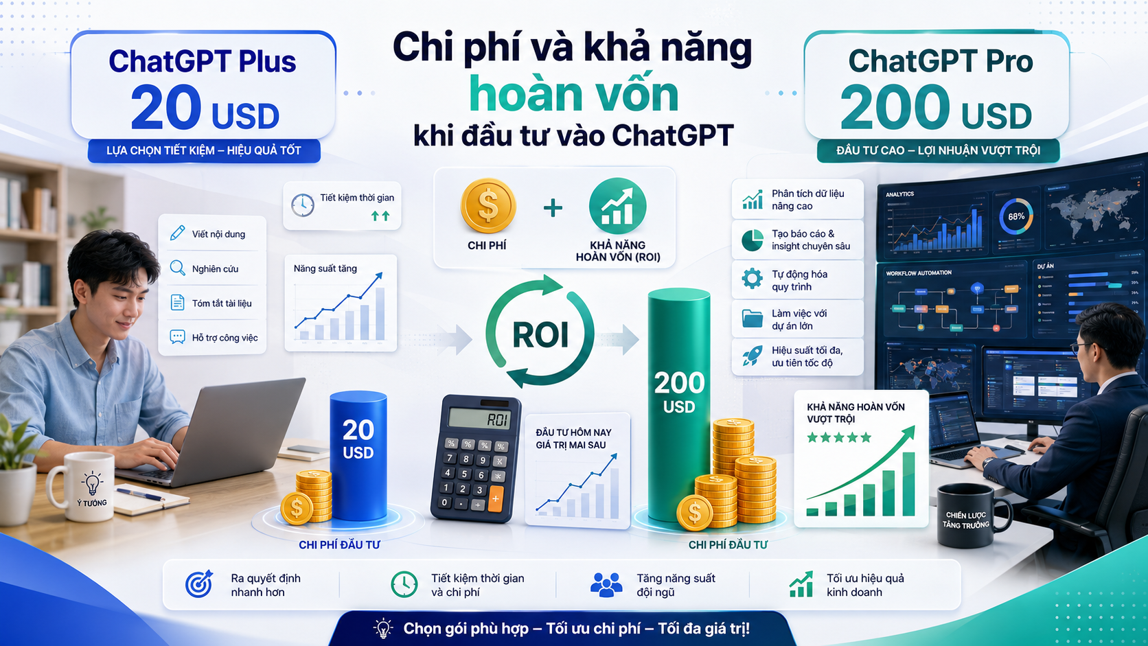 Chi phí và khả năng hoàn vốn khi đầu tư vào ChatGPT - ChatGPT Pro vs Plus, so sánh ChatGPT Pro, ChatGPT Plus 20 USD, Pro 200 USD