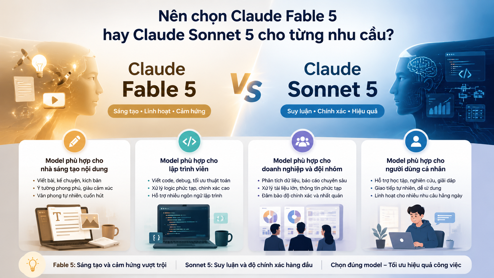 Nên chọn Claude Fable 5 hay Claude Sonnet 5 cho từng nhu cầu? - Fable 5 vs Sonnet 5, so sánh Claude 5, model Claude tốt nhất