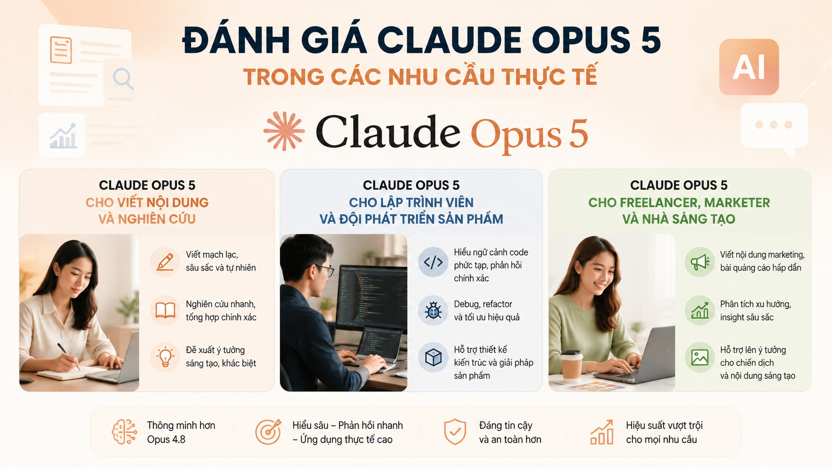 Đánh giá Claude Opus 5 trong các nhu cầu thực tế - Claude Opus 5 vs Sonnet 5Claude Opus 5 vs Opus 4.8Claude Opus 5 có gì mớiđánh giá Claude Opus 5Claude Opus 5 ra mắtClaude Opus 5 là gì, Claude Opus 5, Anthropic Opus 5Claude Opus 5 mới, Anthropic ra mắt Claude Opus 5review Claude Opus 5, Claude Opus 5 có tốt khôngtính năng Claude Opus 5, Claude Opus 5 mới nhấtso sánh Claude Opus 5, Opus 5 và Opus 4.8so sánh Opus 5 và Sonnet 5, Claude Sonnet 5