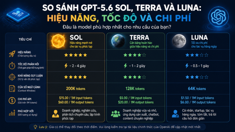 So sánh GPT-5.6 Sol, Terra và Luna: Hiệu năng, tốc độ và chi phí - so sánh GPT-5.6, GPT-5.6 Sol vs Terra, Terra vs Luna