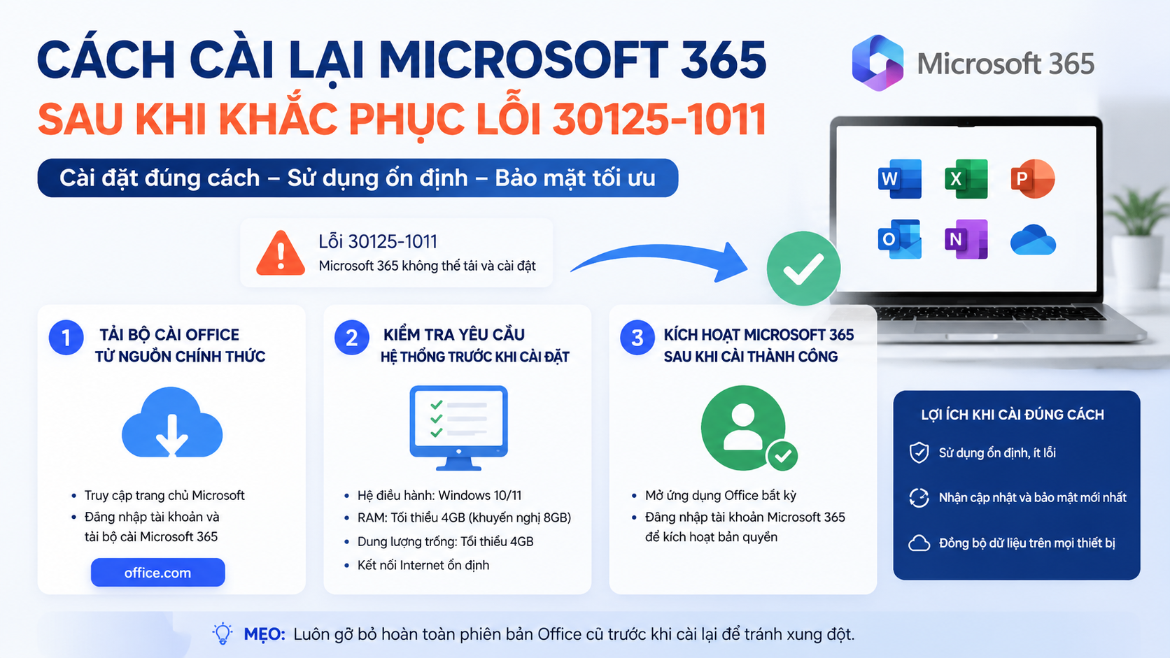 Cách cài lại Microsoft 365 sau khi khắc phục lỗi 30125-1011 - sửa lỗi Office 30125-1011