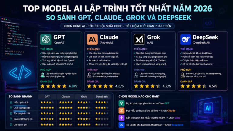 Top model AI lập trình tốt nhất năm 2026: So sánh GPT, Claude, Grok và DeepSeek - model AI lập trình tốt nhất, AI coding model, GPT Claude Grok DeepSeek