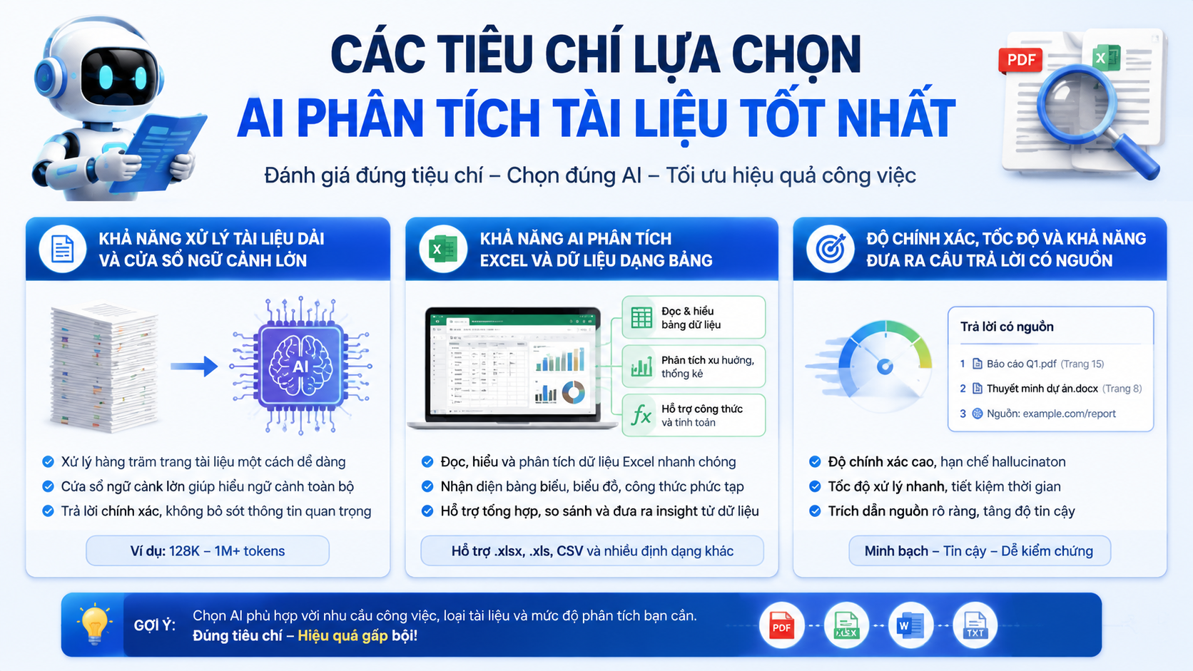 Các tiêu chí lựa chọn AI phân tích tài liệu tốt nhất Các tiêu chí lựa chọn AI phân tích tài liệu tốt nhất - AI phân tích tài liệu tốt nhất, AI đọc PDF, AI phân tích Excel